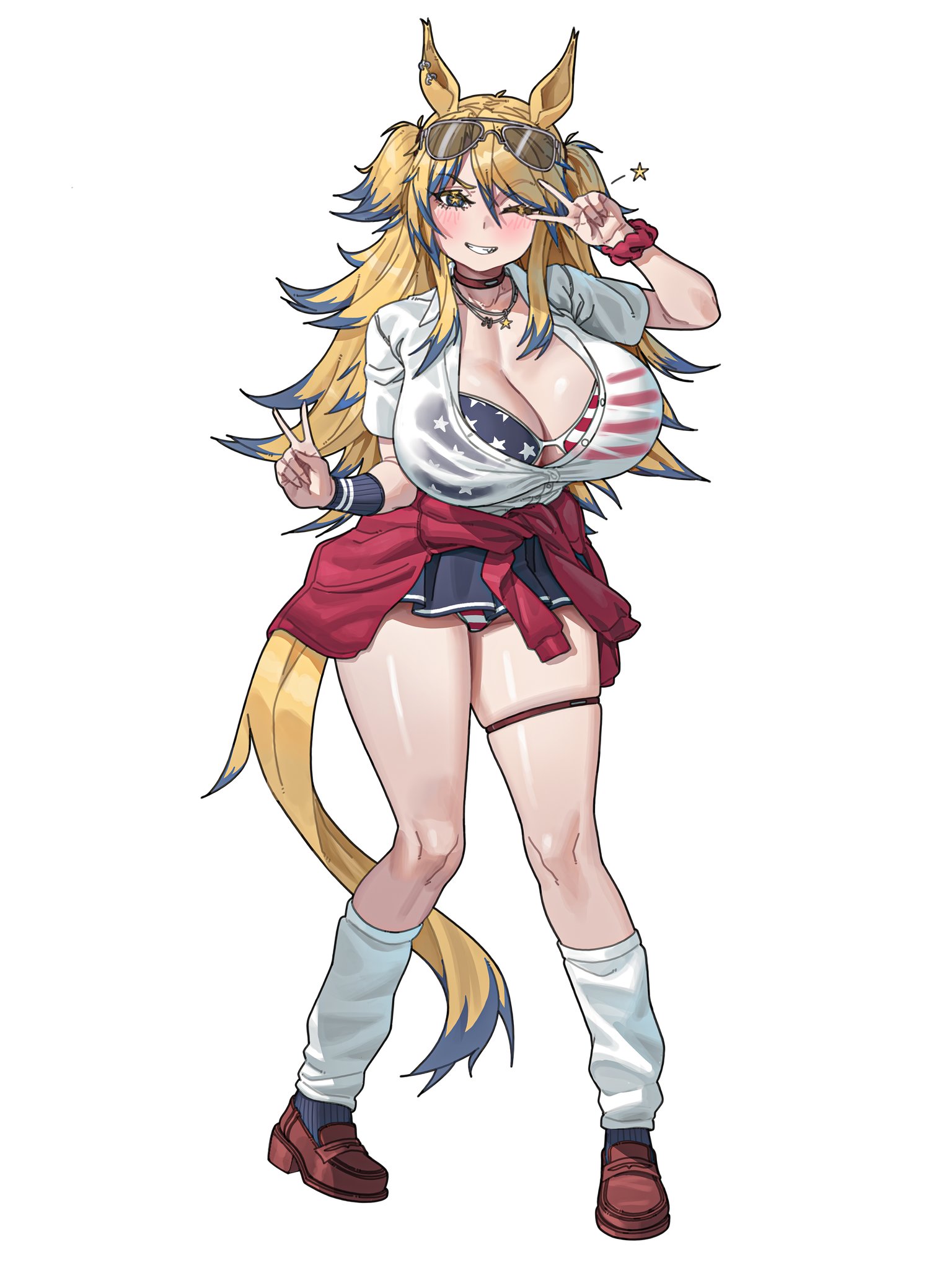 american flag bikini, bikini top, bikini visible through clothes, blonde, blonde female, blonde hair, blonde hair female, blonde-haired female, blue eyes, blue hair tips, blush, blushing, blushing at viewer, blushing female, bracelet, brups, choker, cleavage, ear piercing, eyebrows, eyebrows visible through hair, eyelashes, gyaru, horse ears, horse girl, horse tail, huge breasts, jacket, jacket around waist, leg warmers, necklace, obey your master (umamusume), peace sign, scrunchie, shoes, shoes on, skirt, sunglasses, sunglasses on head, umamusume, umamusume: cinderella gray
