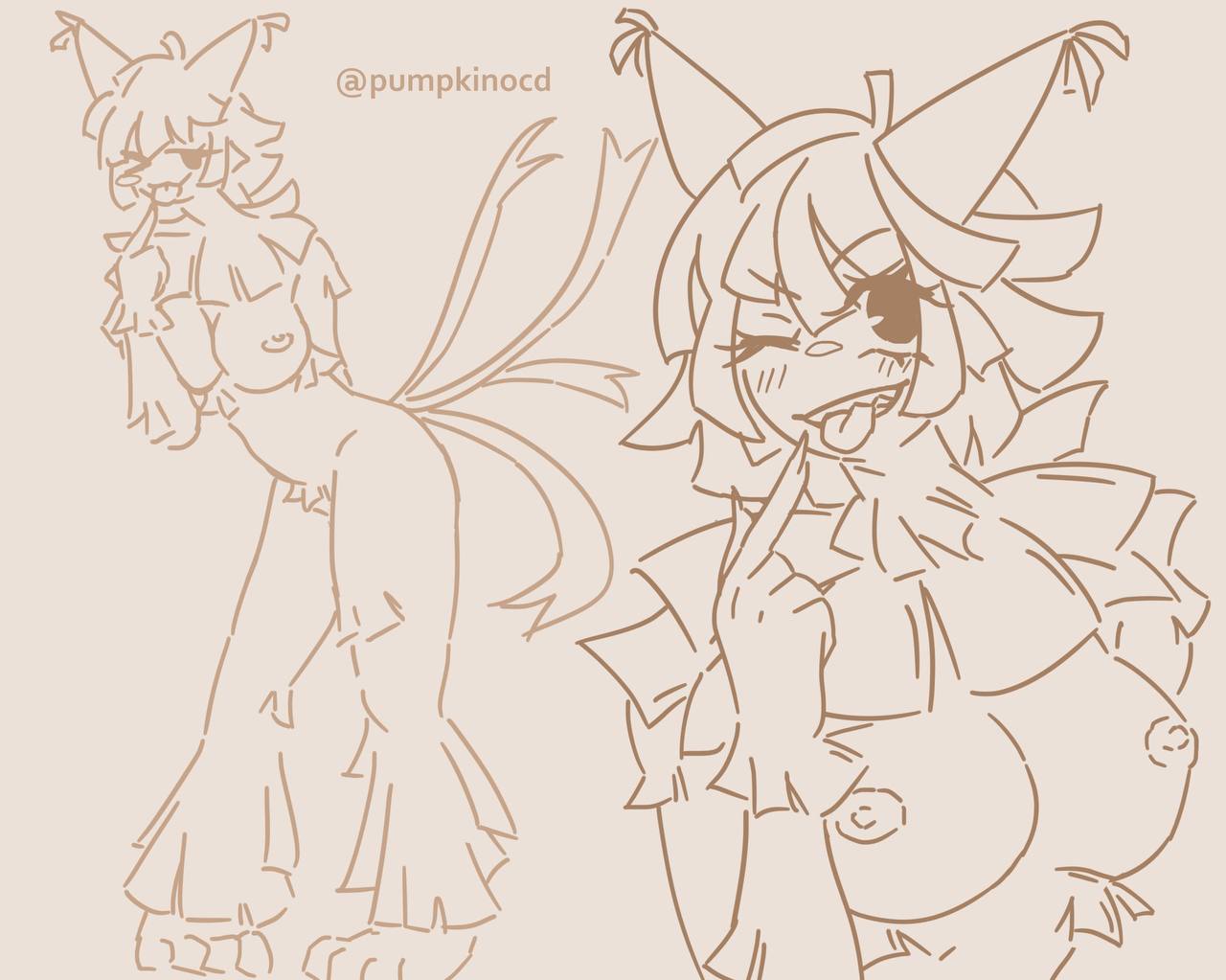 1anthro, 1girls, dandy's world, dandys world, female only, finger pointing, finger to mouth, horns, living pinata, monocolored, multiple tails, naked, naked female, nude, nude female, one eye closed, open mouth, pinata, pumpkinocd, ribbon hair, roblox, sharp teeth, solo, solo female, toon (dandy's world), video games, yatta (dandy's world)