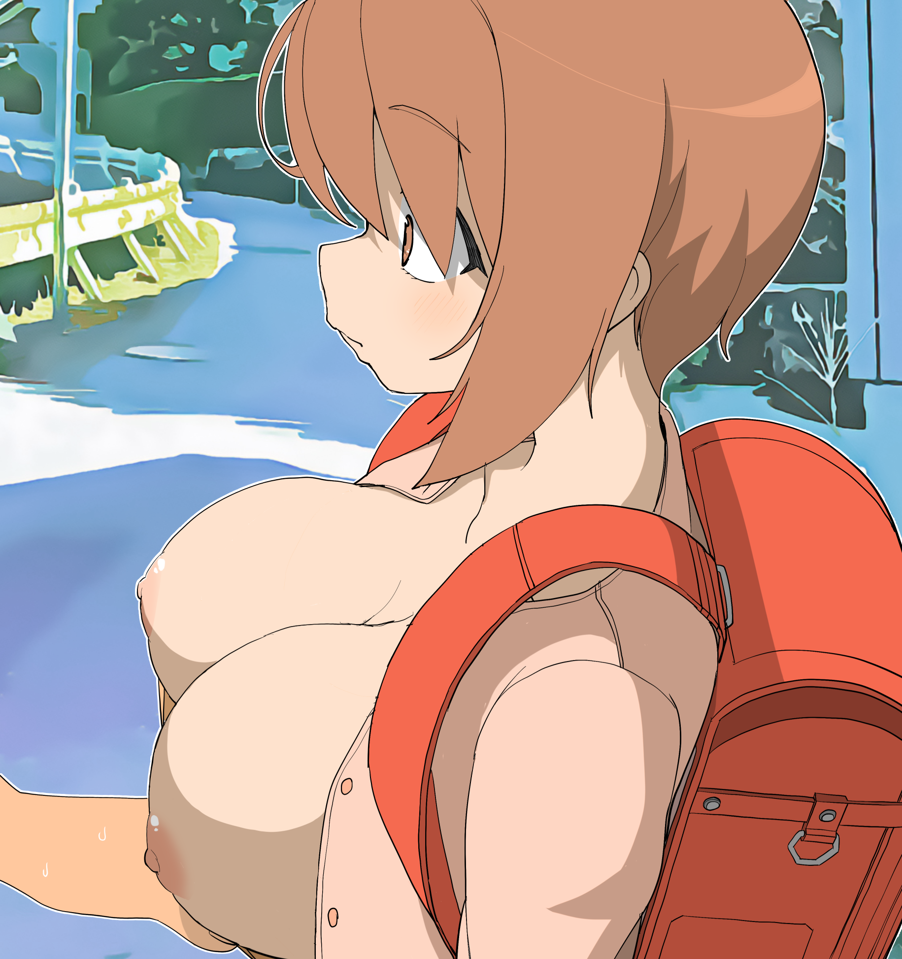 1girl, 1other, alternative version available, assisted exposure, backpack, bag, breasts, brown eyes, brown hair, cardigan, closed mouth, commentary request, from side, girls und panzer, hair between eyes, henyaan (oreizm), highres, large breasts, nipples, nishizumi miho, open cardigan, open clothes, oppai loli, outdoors, pink cardigan, profile, pulling another's clothes, randoseru, red bag, road, sweat, traffic barrier, upper body
