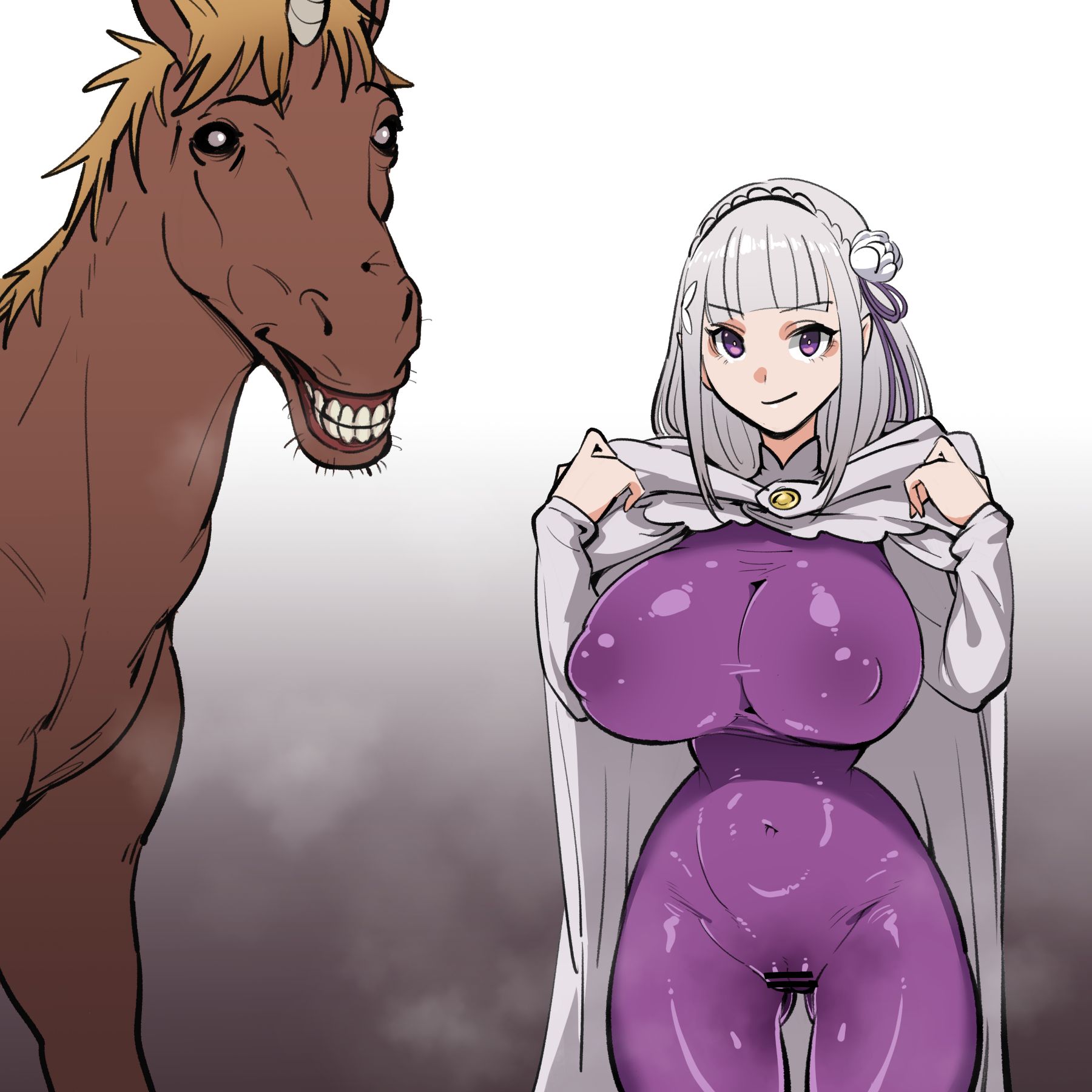 2d, bangs, big breasts, big nipples, cameltoe, censored, cloak, clothed, clothing, elf, elf female, emilia (re:zero), equine, erect nipples, female on feral, feral, feral on female, feral on human, grey hair, half-elf, hazemug, horse, hourglass figure, huge breasts, human female, human on feral, imminent bestiality, imminent sex, interspecies, large breasts, looking at viewer, narrow waist, nipple bulge, pale skin, pale-skinned female, purple eyes, re:zero kara hajimeru isekai seikatsu, skin tight, slender waist, slim waist, smile, smiling at viewer, thick thighs, thin waist, tiny waist, white hair, wide hips, zoophilia