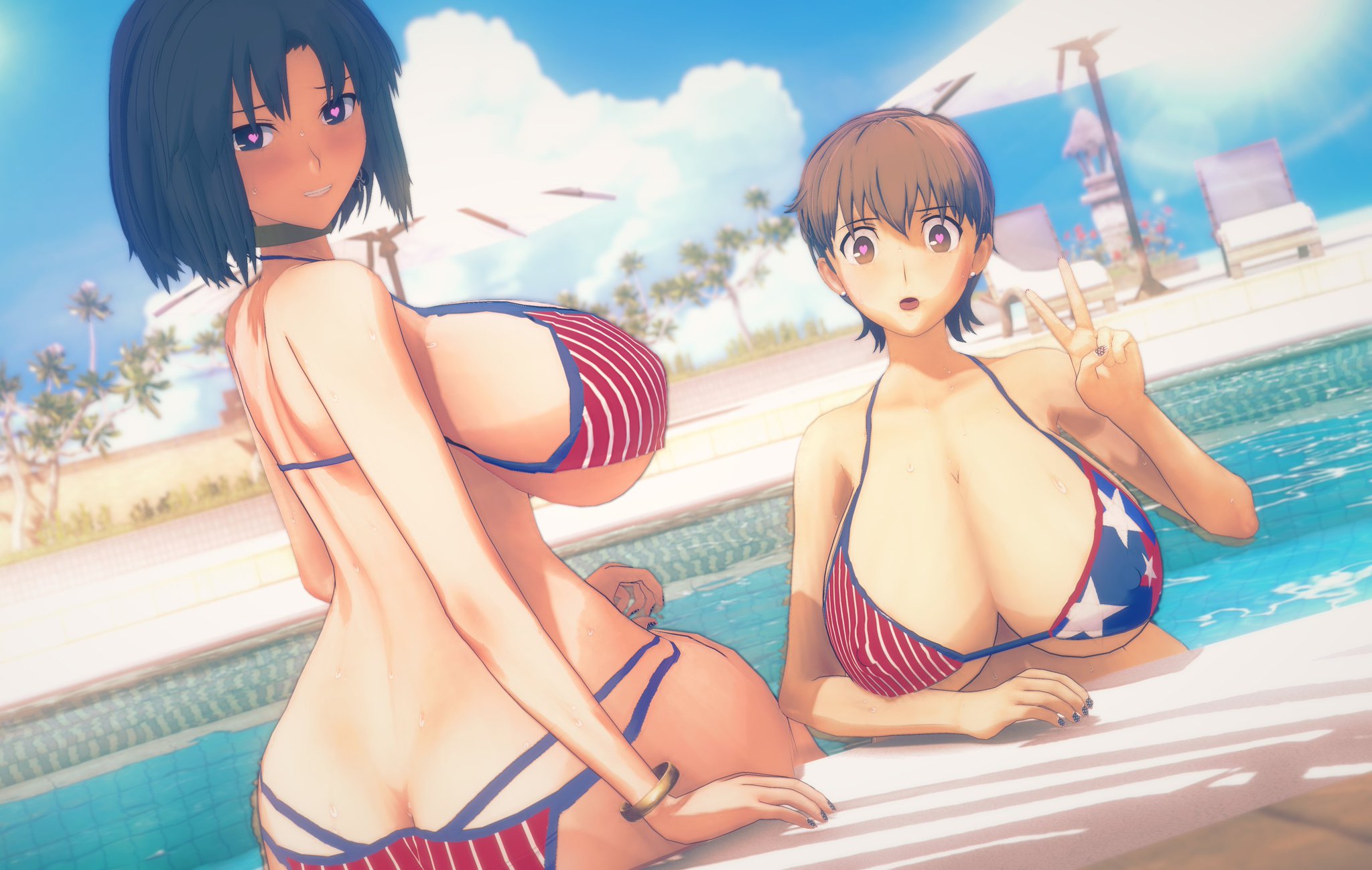 2girls, 3d (artwork), alternate outfit, american flag bikini, back view, beautiful women, big ass, big breasts, bikini, change in common sense, cleavage, fate (series), fate/stay night, fujimura taiga, heart-shaped pupils, kara no kyoukai, mind control, nipple bulge, nipples visible through clothing, paracetamolkoi, ryougi shiki, short hair, sideboob, tomboy, type-moon, unaware hypnosis, voluptuous, voluptuous female
