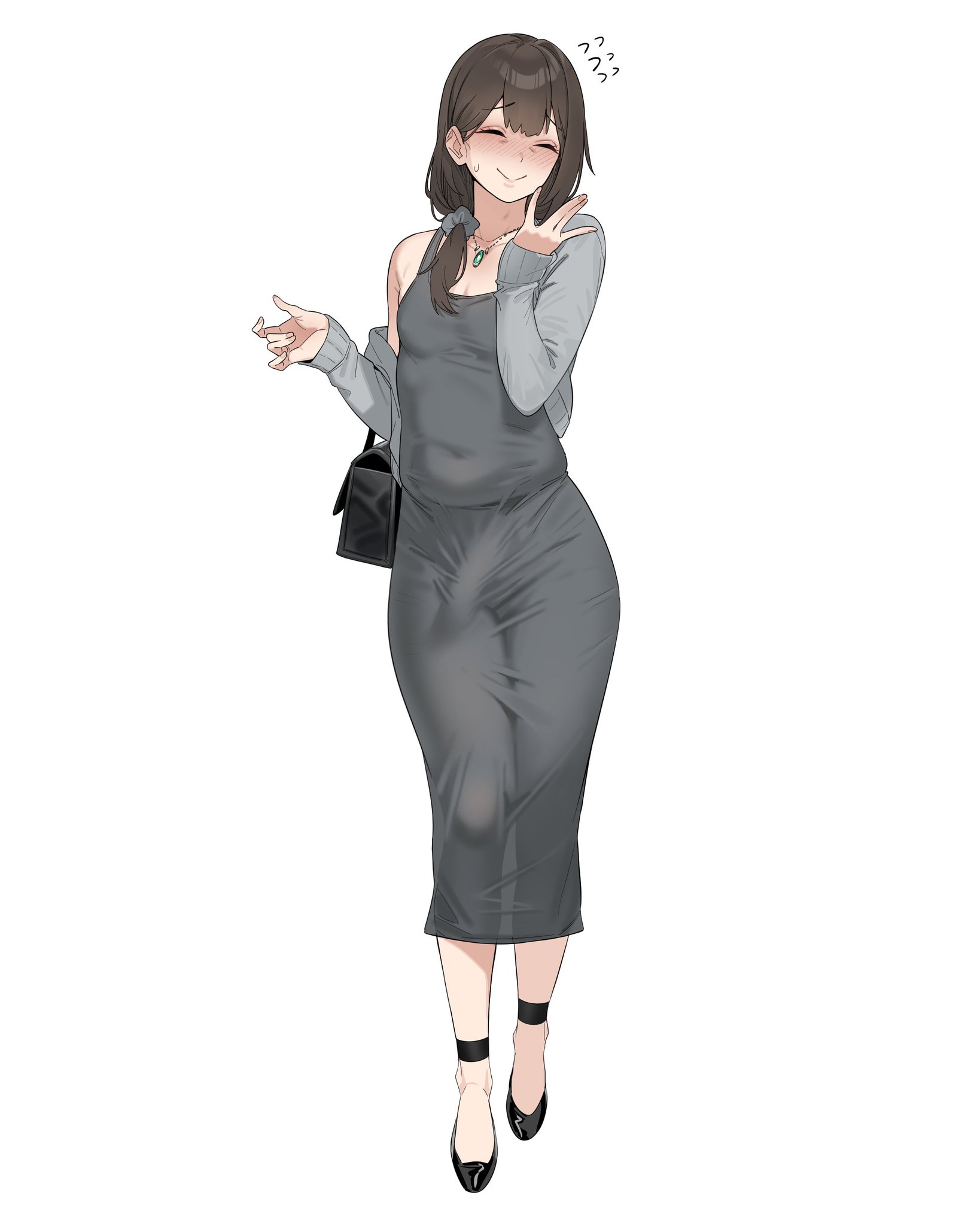 1futa, 2d, 2d artwork, bangs, belly bulge, big penis, blush, blushing, bulge, bulge through clothing, bulge under dress, cleavage, closed eyes, closed eyes smile, clothed, clothing, digital drawing (artwork), digital media (artwork), dress, embarrassed, footwear, futa focus, futa only, futanari, high heels, huge cock, in ya1111, large penis, long hair, necklace, solo, solo focus, solo futa, thick, thick ass, thick thighs