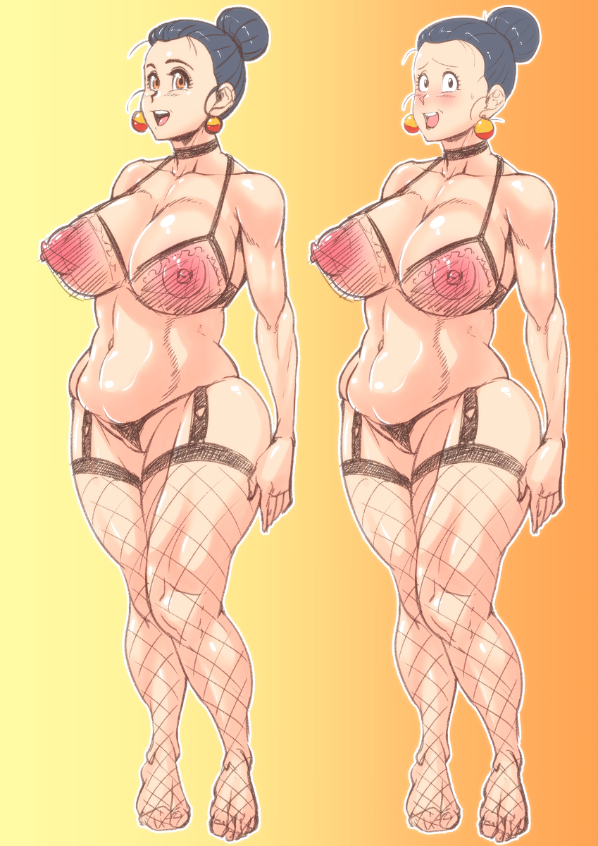 1girls, abs, bare shoulders, between labia, big breasts, bimbo, black hair, blush, breasts, brown eyes, busty, censored, chichi, choker, cleavage, curvy, dragon ball, dragon ball z, ear piercing, earrings, erect nipple, erect nipples, eyelashes, female, female only, fishnet, fishnet stockings, footwear, front view, garter, garter straps, hair bun, hourglass figure, human, innie pussy, legwear, lingerie, looking at viewer, looking back, makeup, mature, midriff, milf, mother, nipples, open mouth, piercing, pose, posing, pussy, see-through, short hair, simple background, sketch, slightly chubby, smiling, solo, solo female, stockings, sweat, thong, tied hair, voluptuous, wide hips, zxcv