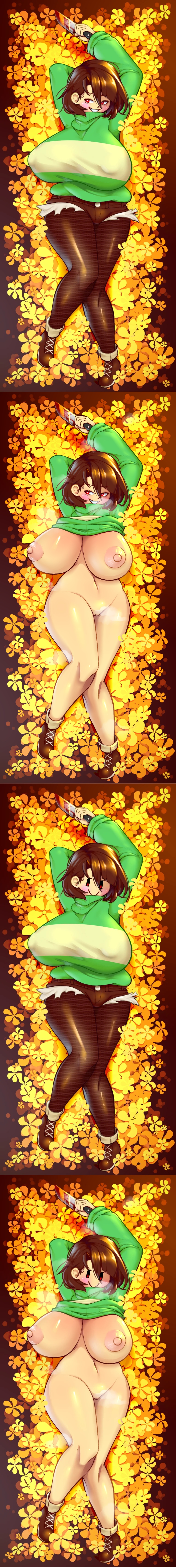 =), 1girl, 1girls, 2d, 2d (artwork), big ass, big breasts, body pillow, chara, chara (undertale), endless inferno, female chara, huge ass, huge breasts, knife, nlindustries, no sex, solo, solo female, solo focus, thick thighs, undertale, undertale (series)