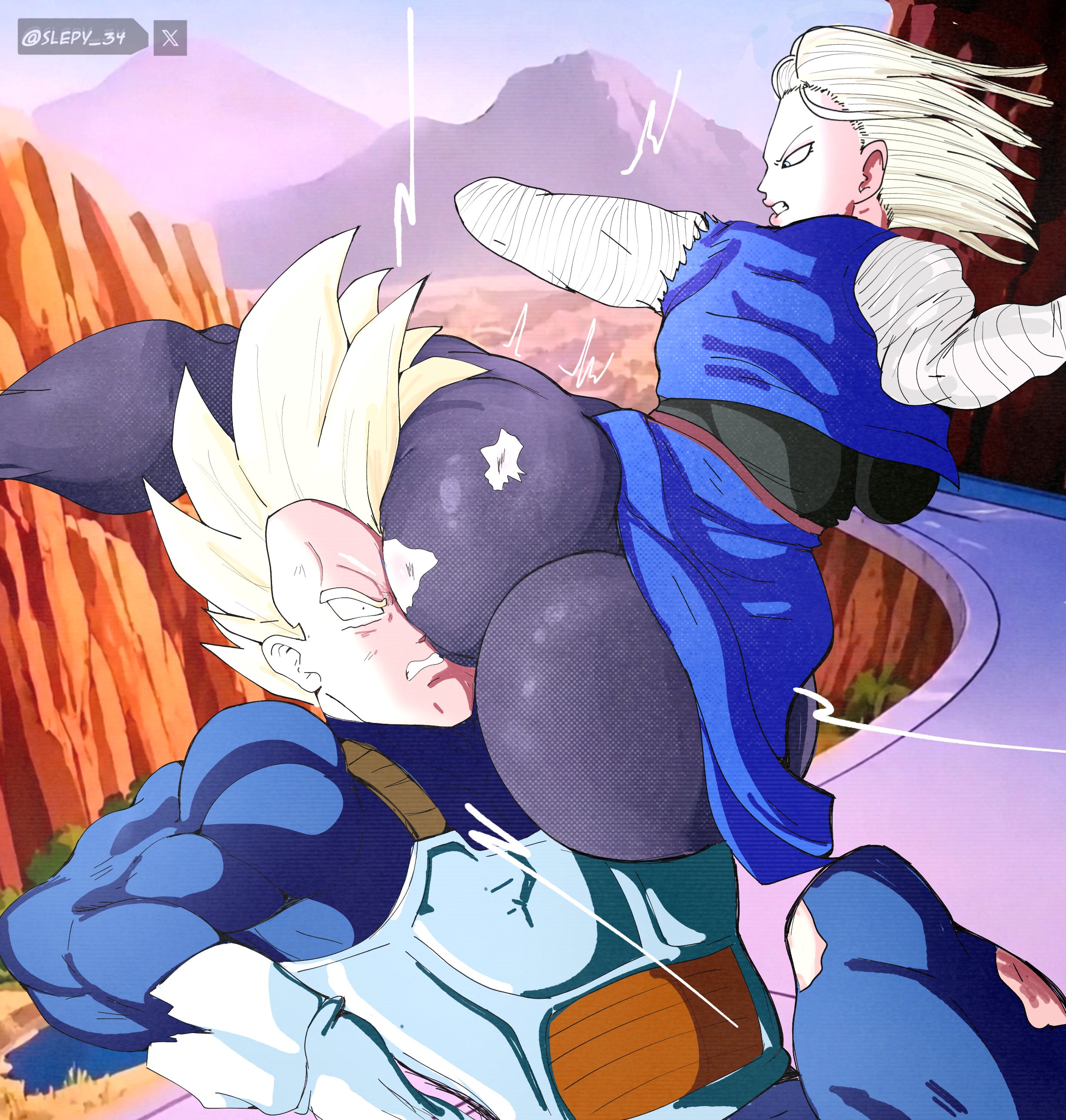 android 18, ass, ass in face, big ass, dragon ball, dragon ball z, female, male, slepy 34, vegeta