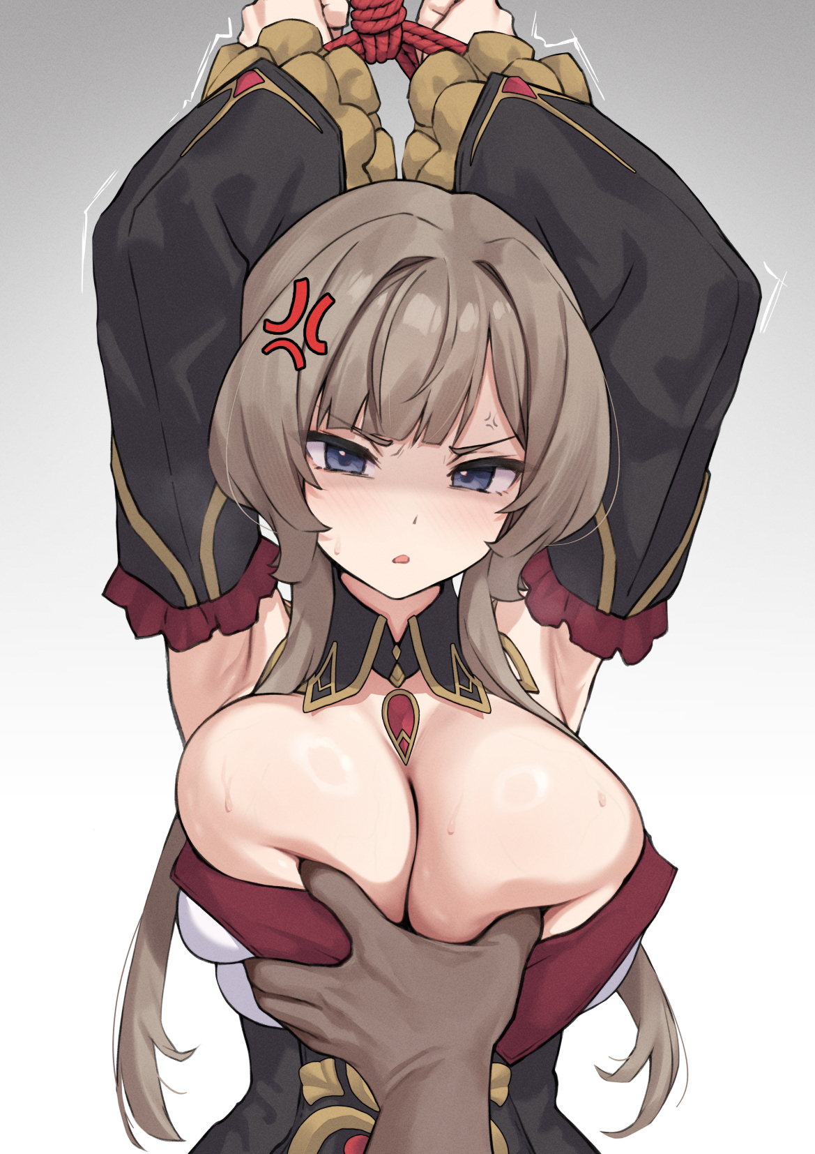 1girls, angry, bondage, breast grab, breasts, cleavage, female, female focus, genshin impact, groping, groping breasts, kangbus, large breasts, light skin, light-skinned female, looking at viewer, restrained, sandrone (genshin impact), simple background