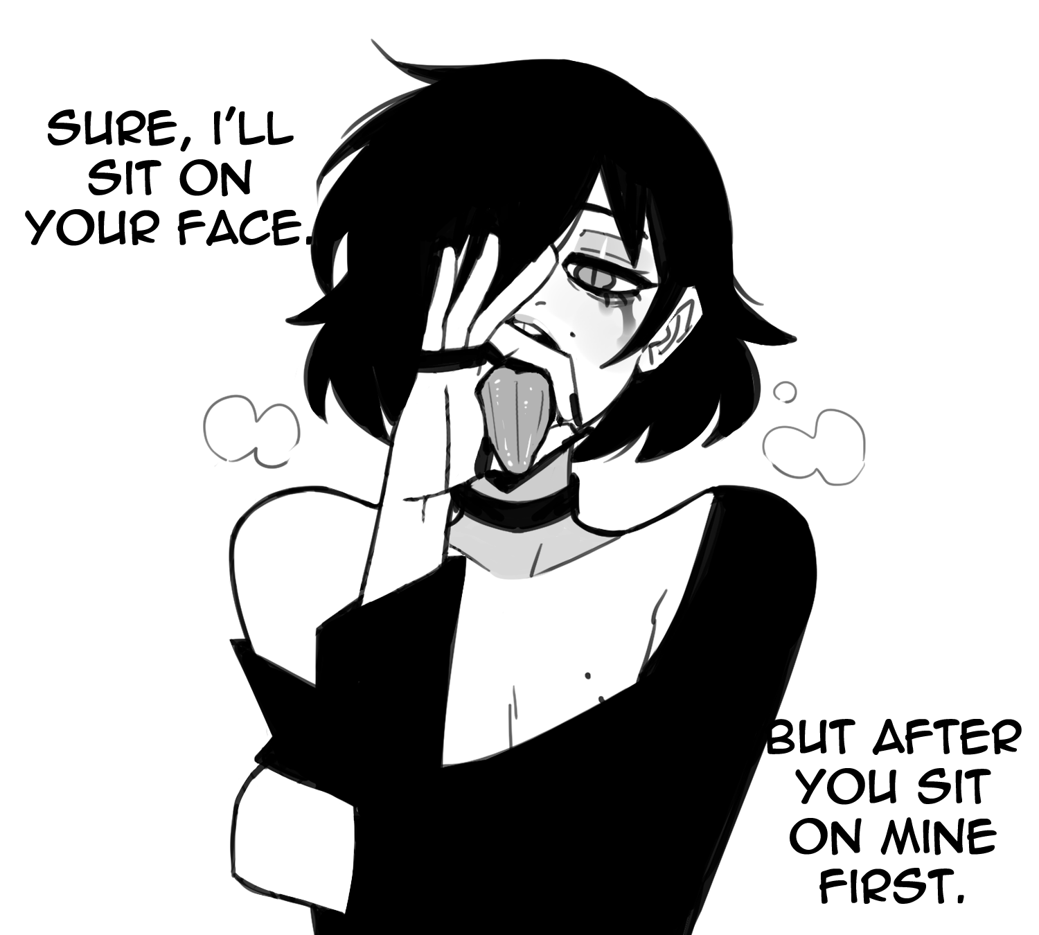1boy, black hair, femboy, heavy breathing, imminent rimming, mido66, mole on chest, monochrome, oral invitation, rimjob gesture, rimjob request, solo, tagme, twink