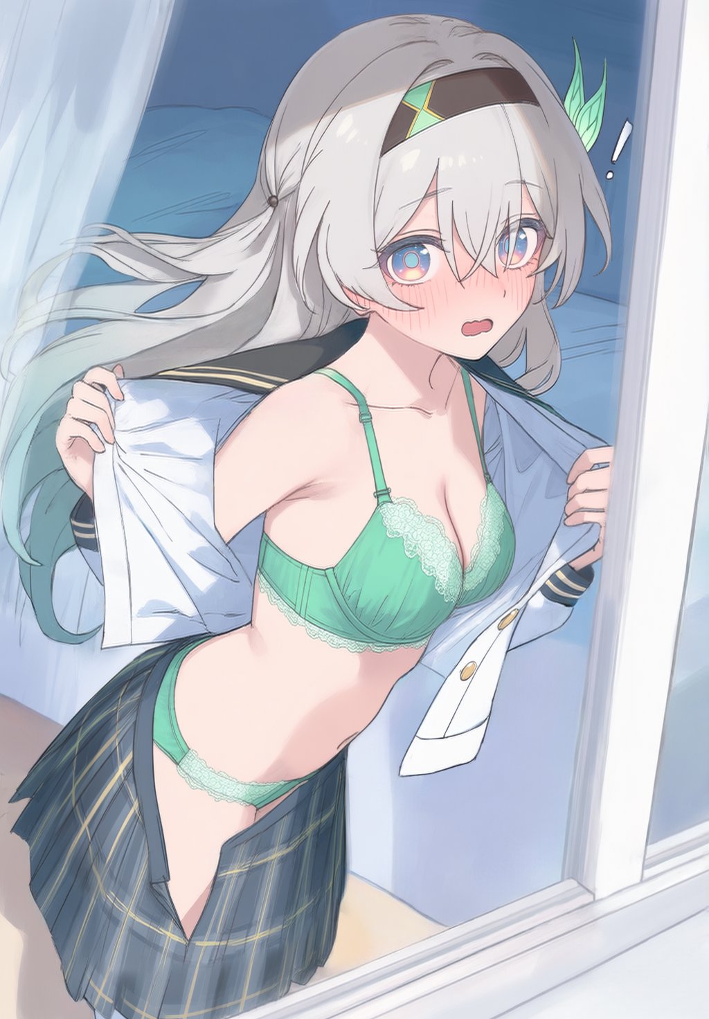 1girls, blushing, breasts, caught, caught in the act, female, firefly (honkai: star rail), firefly (spring missive) (honkai: star rail), green lingerie, honkai (series), honkai: star rail, hoyoverse, lingerie, lingerie under clothes, medium breasts, mihoyo, school uniform, schoolgirl, undressing