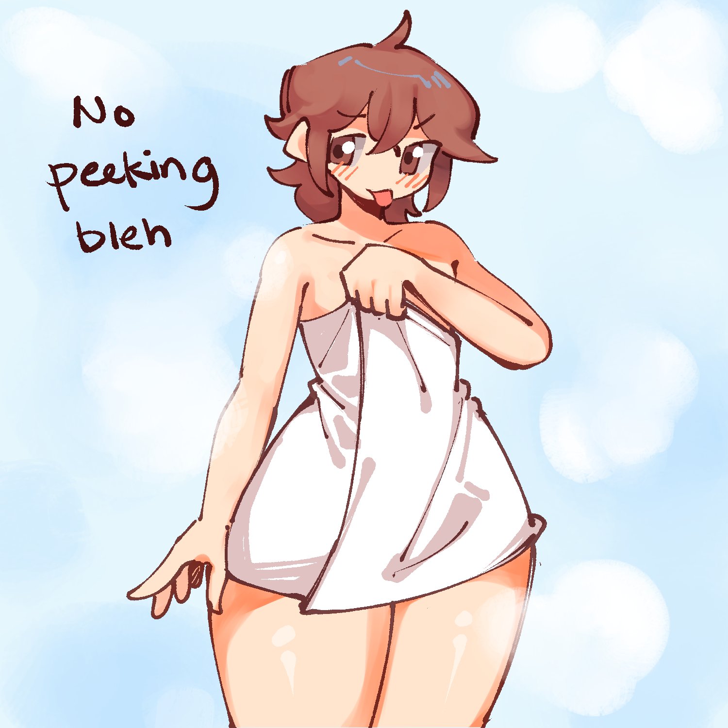 big ass, big butt, blush, blush lines, blushing, blushing at viewer, brown eyes, brown hair, dialogue, femboy, front view, namesloo, pear shaped, simple background, simple shading, solo, solo femboy, solo focus, solo male, steaming body, tea (namesloo), thick, thick ass, thick hips, thick legs, thick thighs, thighs, tongue out, twink