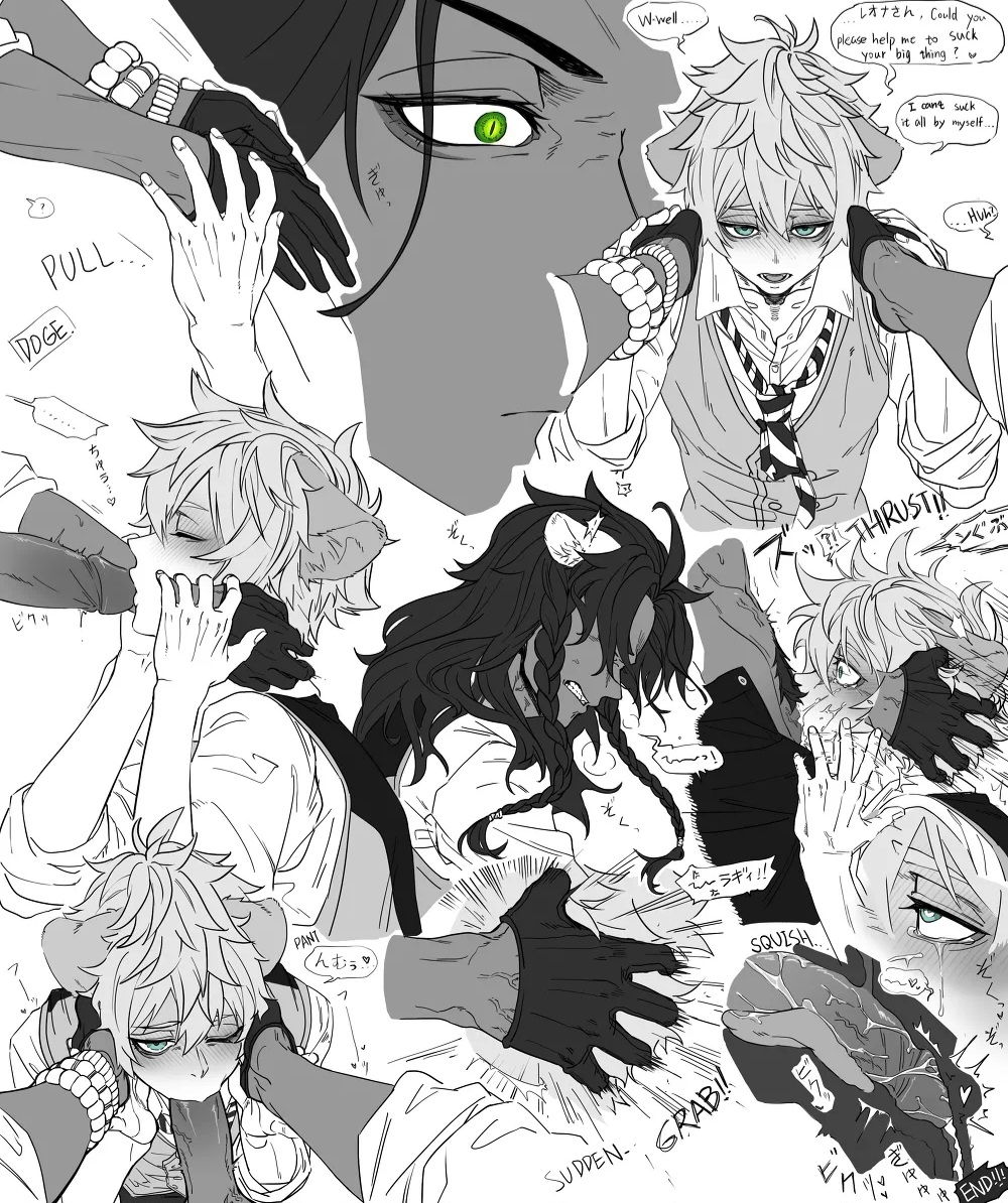 2boys, beastman, blue eyes, comic, deepthroat, different angles, fellatio, forced oral, gay, grabbing head, green eyes, hyena ears, kissing penis, leona kingscholar, lion ears, male, pov eye contact, ruggie bucchi, speech bubble, sucking penis, twisted wonderland, x-ray, yaoi
