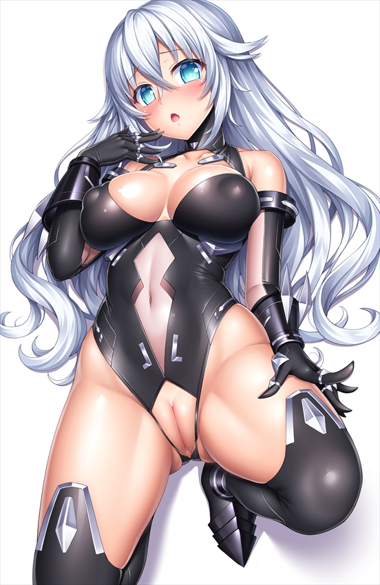 1girls, bangs, bare shoulders, bent knees, black bodysuit, black boots, black gloves, black heart, black legwear, black leotard, blue eyes, blush, bodysuit, boots, breasts, breasts apart, cleavage, cleavage cutout, covered navel, crossed bangs, crotch cutout, crotchless clothes, detached sleeves, elbow gloves, embarrassed, erect nipples, erect nipples under clothes, eyebrows visible through hair, female, gloves, gluteal fold, groin, hand on own thigh, hand on thigh, hand up, innie pussy, knees up, lambda (kusowarota), large breasts, leotard, long hair, looking at viewer, lying, medium breasts, navel, neptunia (series), nipples, no panties, noire, on back, open mouth, paipan, power symbol, pussy, raised eyebrows, see-through, shadow, shiny, shiny clothes, silver hair, simple background, skin tight, skindentation, solo, symbol-shaped pupils, thigh boots, thighhighs, thighs, triangle mouth, uncensored, vagina, very long hair, viewed from below, wavy hair, white background, white hair