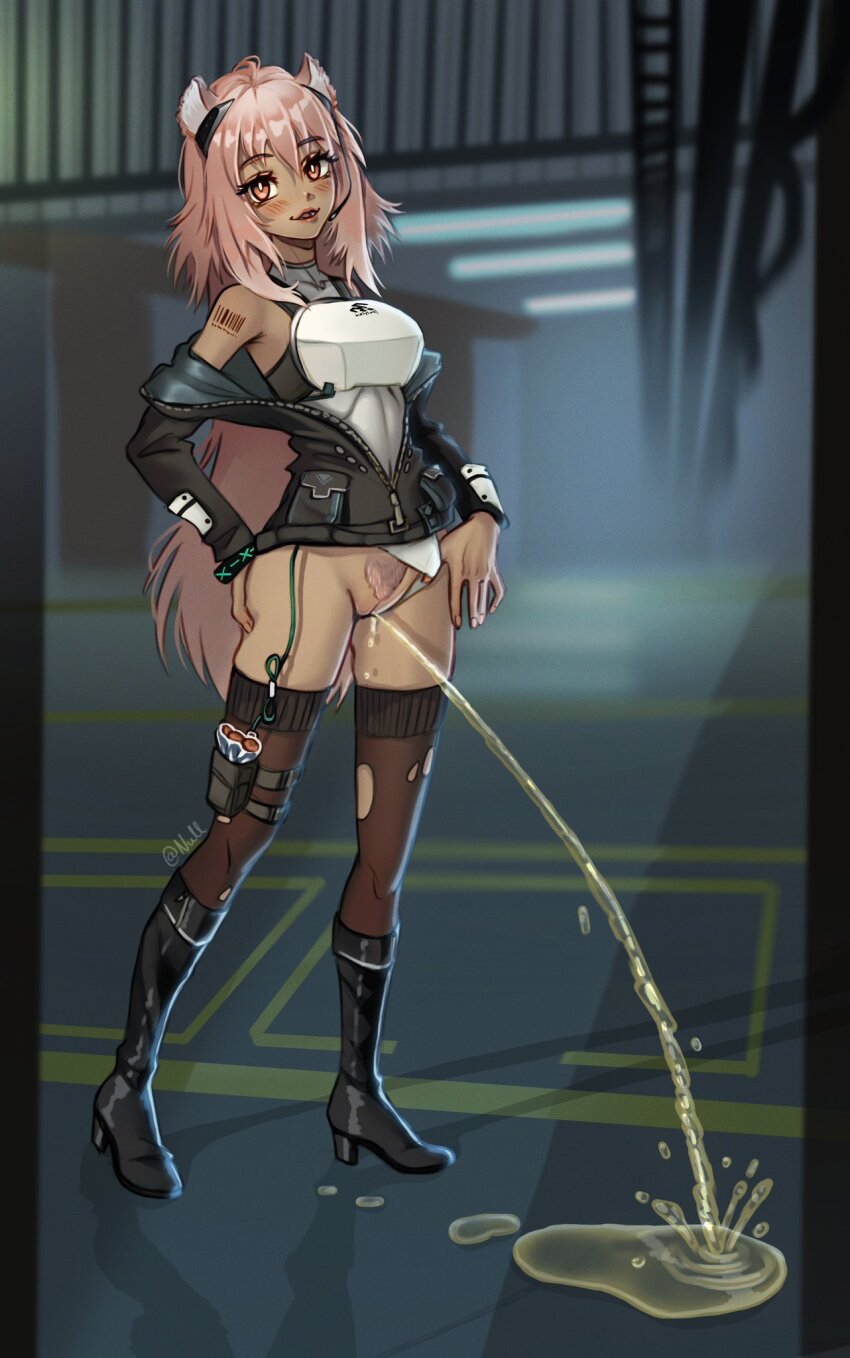 1girls, 2d, arknights, bottomless, casual, girl, gravel (arknights), long hair, panties aside, pee, peeing, peeing standing up, pink hair, piss, pissing, pubic hair, puddle, solo, standing pee, urination, urine