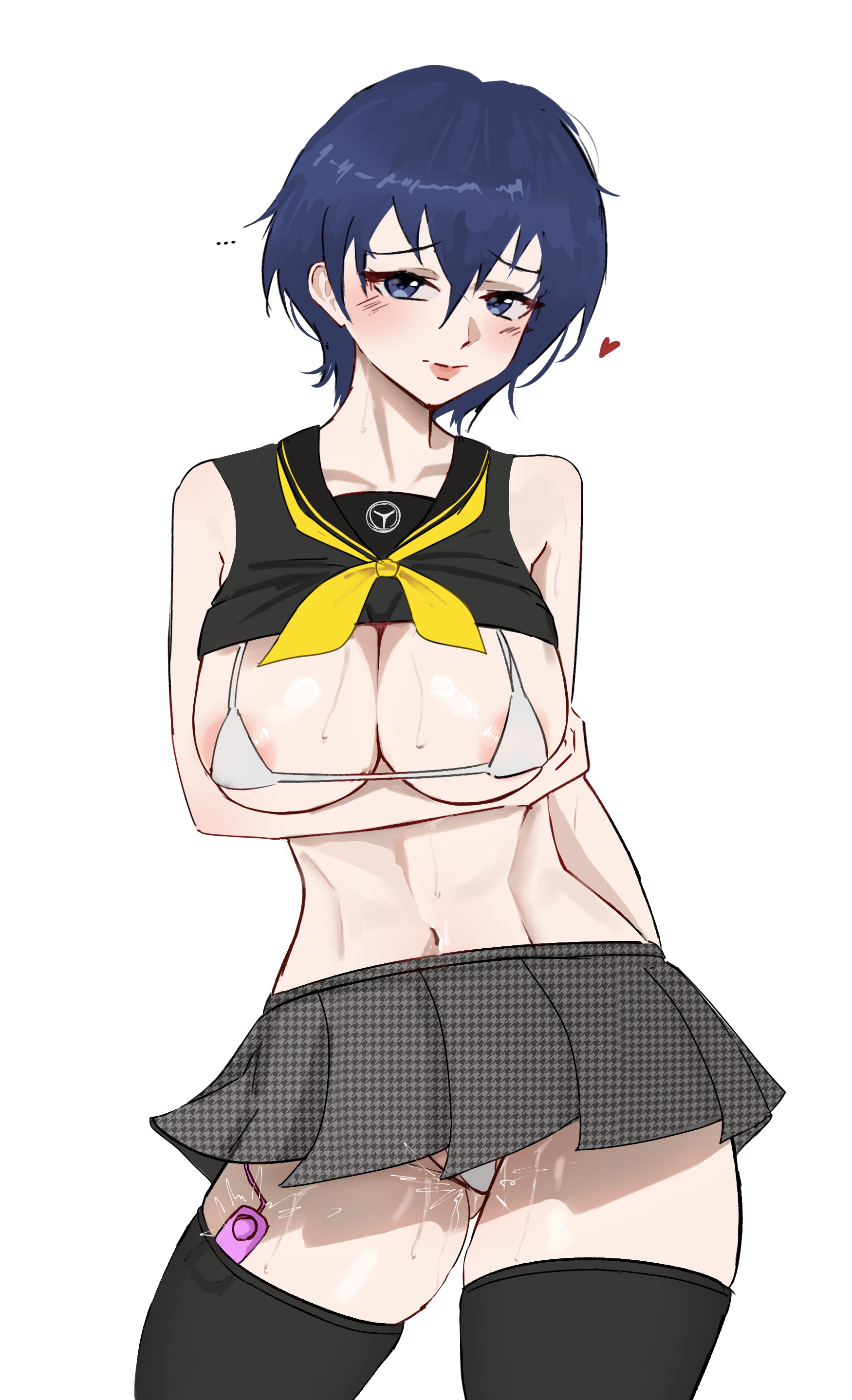 ..., <3, 1girls, 2026, areola slip, areolae, arm under breasts, atlus, bare midriff, big breasts, bikini, blue eyes, blue hair, blush, breasts, breasts out, clothing, clothing lift, embarrassed, female, female only, hi res, megami tensei, micro bikini, microskirt, n7grey, navel, nipples, persona, persona 4, pussy juice, pussy juice drip, request, school uniform, shirogane naoto, short hair, sketch, skimpy, skindentation, skirt, solo, sweat, thick thighs, thighhighs, thighs, upskirt, vibrator, vibrator cord, vibrator in pussy, vibrator in thighhighs, vibrator under panties, voluptuous, yasogami school uniform