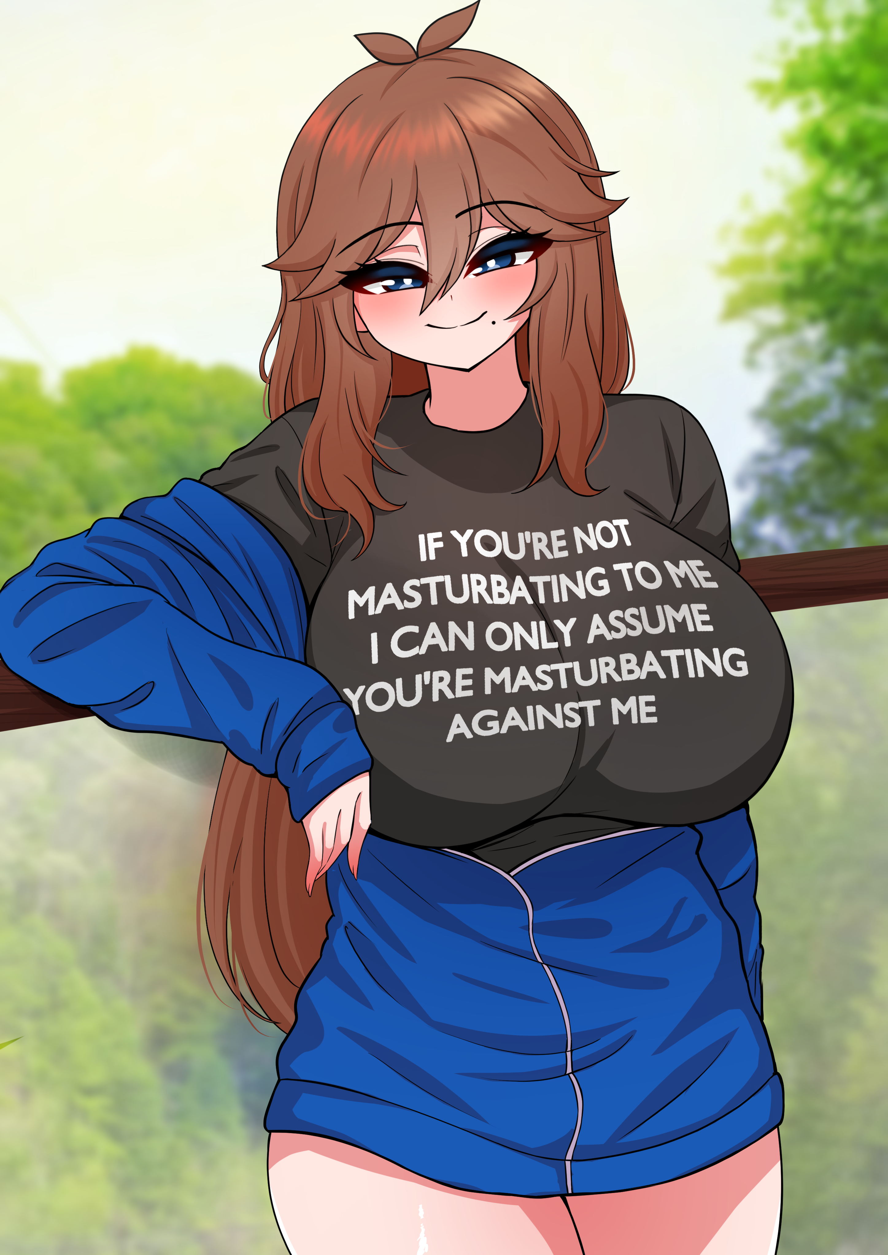 1girls, 2026, big breasts, blush, brown hair, humor, looking at viewer, original character, solo, solo female, tagme, text on shirt, the only shoe