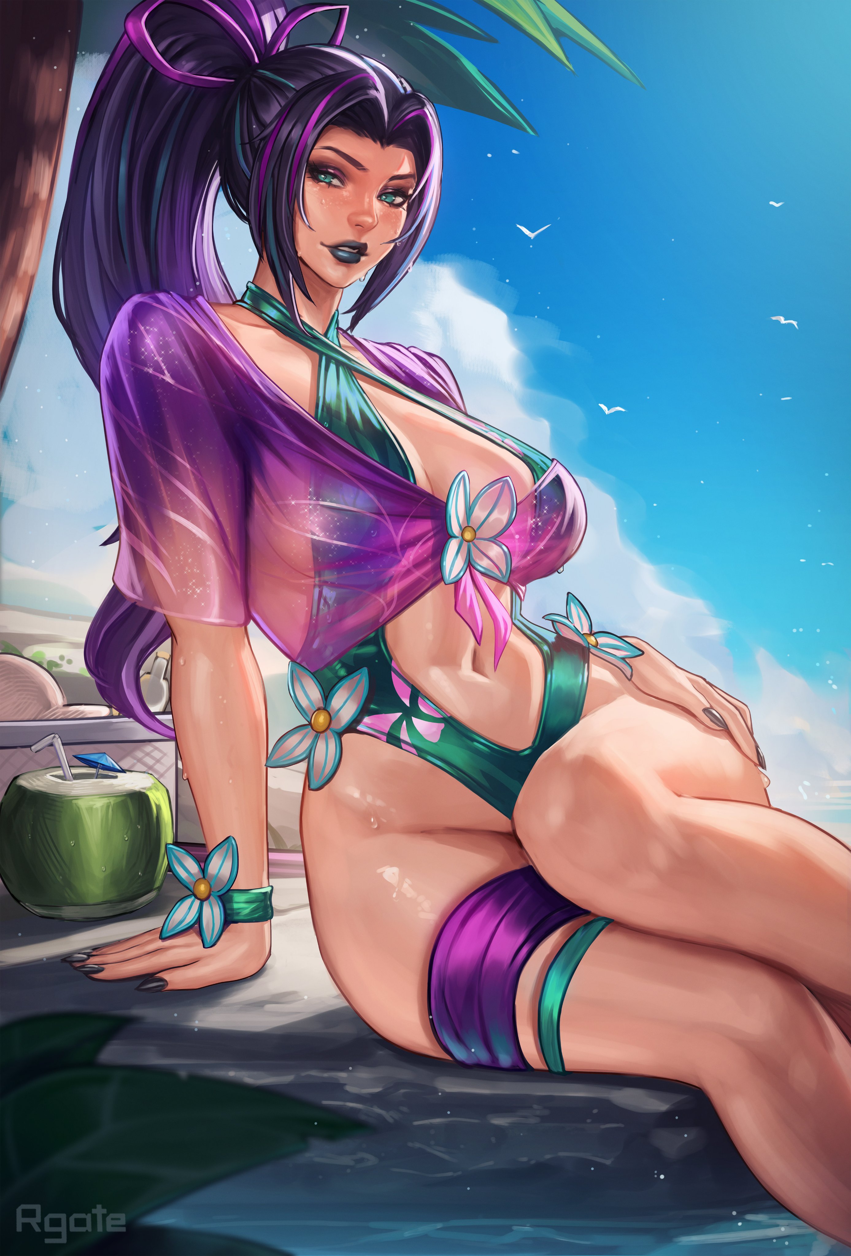1girls, 2026, 2d, alluring, alternate version available, beach, big breasts, black lipstick, black nail polish, breasts, bursting breasts, clothed, cloud, coconut, coconut cup, cowboy shot, curvaceous, curvaceous body, curvaceous female, curvaceous figure, curvaceous hips, curvy, curvy body, curvy female, curvy figure, curvy hips, drinking straw, enticing, female, female torso, flower bracelet, fruit as cup, fully clothed, green eyes, hair ribbon, hand on ground, high resolution, highres, hips, hourglass figure, huge breasts, large breasts, looking at viewer, makeup, marvel, marvel comics, marvel rivals, massive breasts, multicolored hair, nail polish, navel, official alternate costume, palm leaf, palm tree, ponytail, psylocke, psylocke (marvel rivals), psylocke (sai) (breezy butterfly), purple hair, revealing clothes, rgate, ribbon, seaside, seducing, seductive, seductive look, seductive pose, sitting, skimpy, skimpy clothes, sky, smile, soaking feet, solo, swimsuit, swimwear, teasing, teasing viewer, temptation, tempting, tempting viewer, thick, thick breasts, thick hips, thick lips, thick thighs, tree, voluptuous, voluptuous female, water, wet, wet body, wet skin, wide hips, x-men