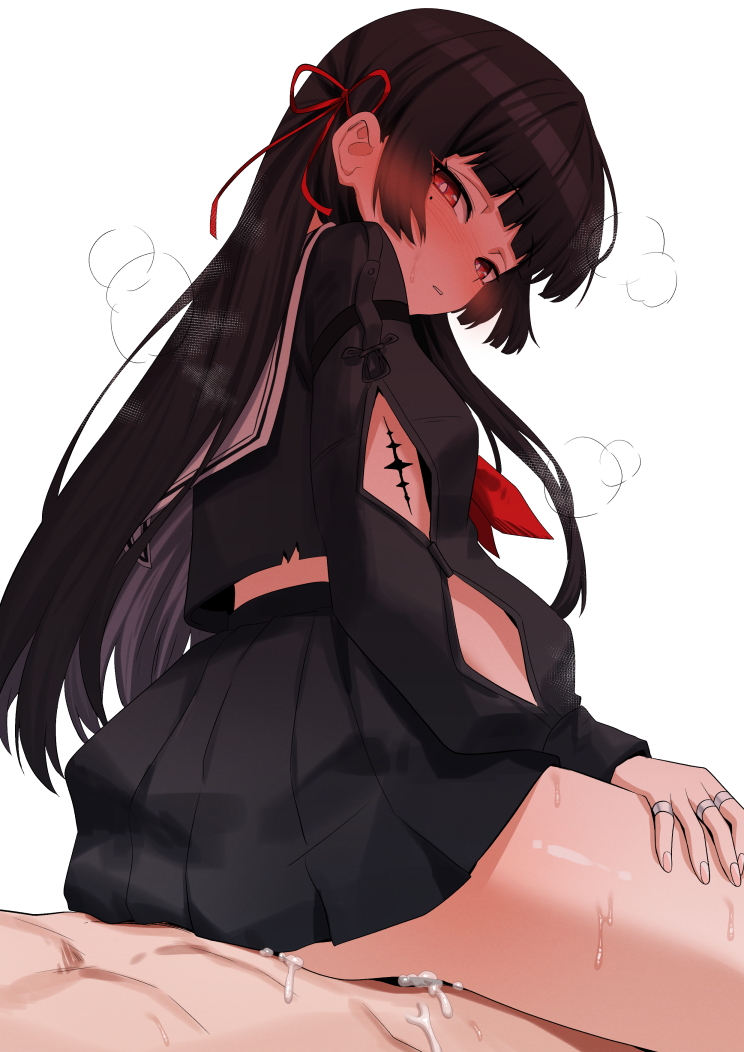 1boy, 1girl, black hair, black serafuku, black shirt, black skirt, blush, chisa (wuthering waves), clothed female nude male, commentary, cum, cum overflow, girl on top, hair ribbon, hetero, jewelry, kukiyuusha, long hair, long sleeves, miniskirt, mole, mole under eye, multiple rings, nude, parted lips, pleated skirt, puffy long sleeves, puffy sleeves, red eyes, red ribbon, reverse cowgirl position, ribbon, ring, sailor collar, sailor shirt, school uniform, serafuku, sex, shirt, simple background, skirt, straddling, tacet mark (wuthering waves), white background, white sailor collar, wuthering waves