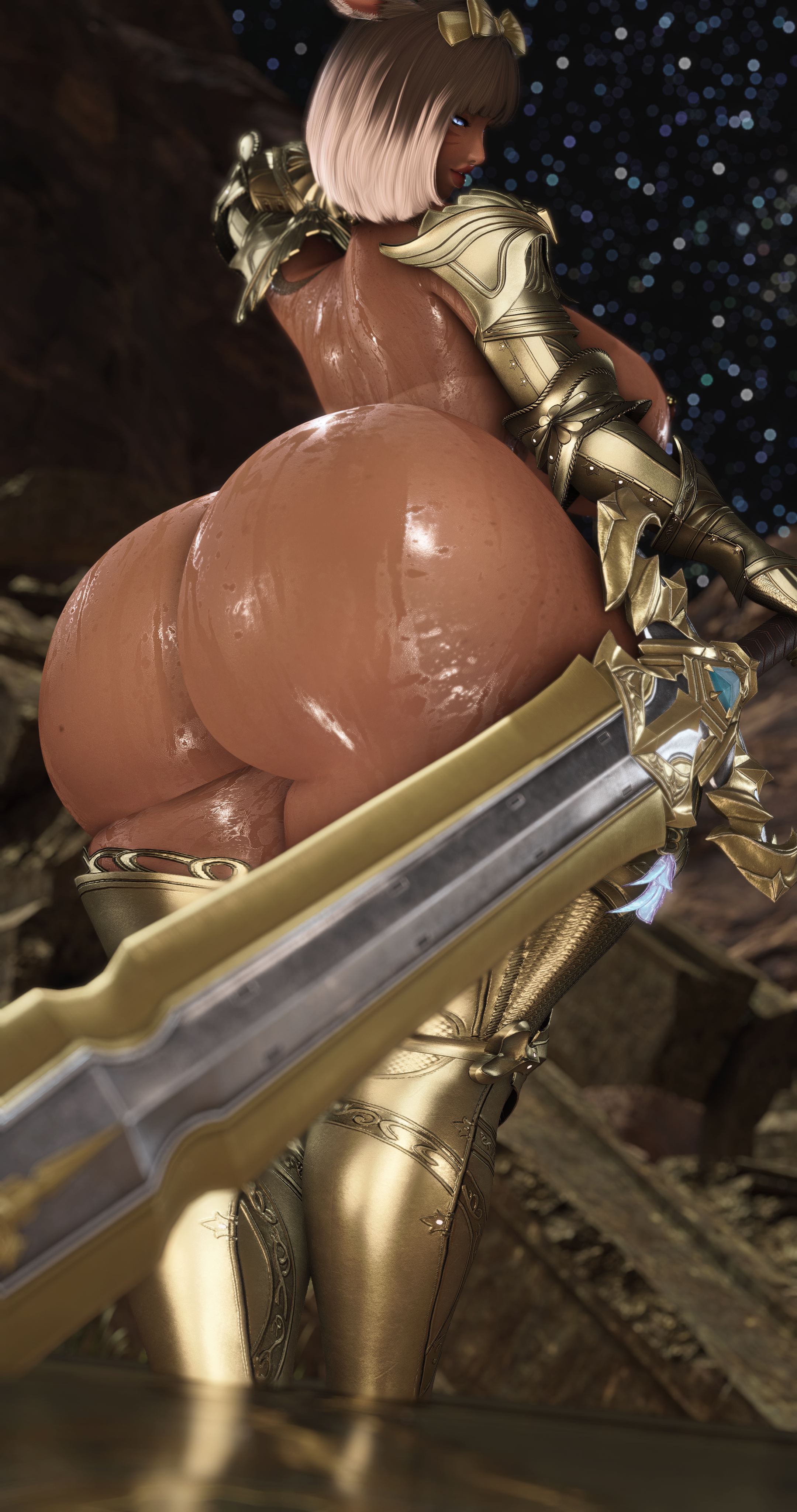 1girl, 3d, ass focus, ass too big, back view, bangs, bimbo, bimbo lips, black ribbon, blonde hair, blue eyes, bob cut, brown hair, cat ears, catgirl, child bearing hips, choker, curvaceous, curvaceous ass, curvaceous body, curvaceous female, curvaceous figure, curvaceous hips, curvaceous thighs, curvy, curvy body, curvy female, curvy figure, curvy hips, curvy thighs, enormous ass, fantasy armor, final fantasy xiv, from behind, gauntlets, glistening skin, glossy lips, gold armor, golden armor, gpose (ffxiv), hair ribbon, heart choker, highlights, highlights hairs, holding sword, hyper ass, looking back, massive ass, miqo'te, mole under mouth, night, nude, oiled skin, outdoors, partially armored, pauldron, plump lips, rocky terrain, seductive smile, shiny skin, short hair, solo, starry sky, sweat, sweatdrop, sword, tagme, tanlines, tanned skin, thick thighs, thighhighs, thunder thighs, weapon, wet skin, wide hips, yato, yato (lewdcattoxiv), yato (oc)