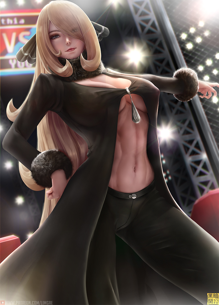 1girls, abs, big breasts, blonde, blonde hair, breasts, cleavage, clothing, cynthia (pokemon), female, female only, human, large breasts, limgae, long hair, looking at viewer, pokemon, pokemon dppt, solo, solo female, text, url, watermark
