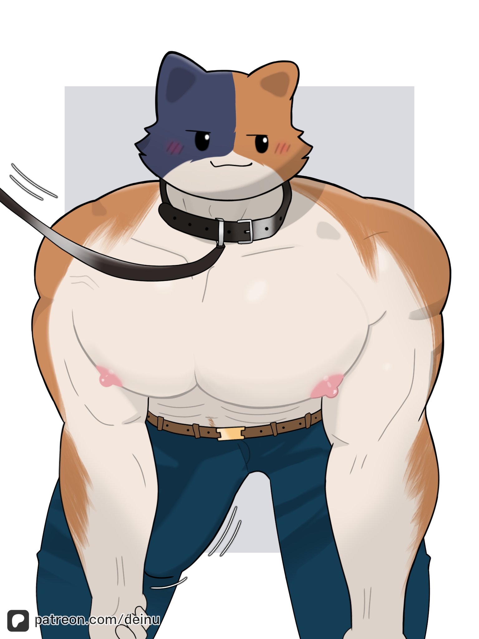 1boy, 2d, 2d (artwork), abs, anthro, anthro male, anthro only, big bulge, big chest, blushing, blushing male, bulge, bulge down leg, bulge in pants, bulge through clothing, bulge under clothes, cat ears, collar, embarrassed blush, exposed nipples, fortnite, fortnite: battle royale, fur, fur pattern, furry, furry only, leash, leash and collar, male, male only, man boobs, meowscles, meowscles (fortnite), muscular, muscular anthro, muscular arms, muscular male, nipples, nipples out, no shirt, pink nipples, secretly likes it, secretly loves it, shirtless, shirtless male, simple background, smile, smirking, smirking face, solo, solo focus, suggestive