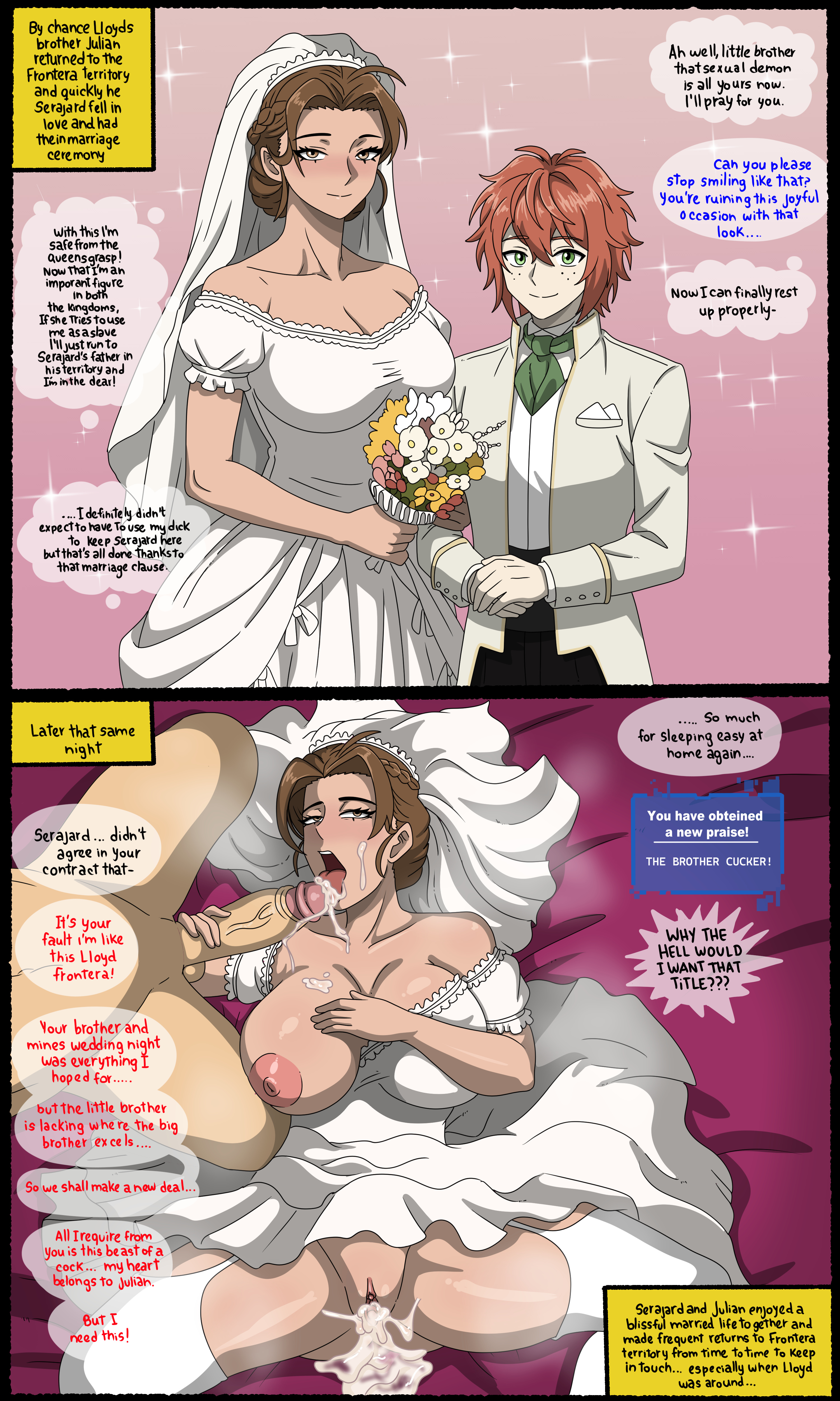 1girls, 2boys, 2koma, alternate version available, big breasts, blush, blushing, bouquet, bouquet of flowers, breast out, breast out of clothes, brown eyes, brown hair, cheating, cheating on wedding day, cheating wife, commission, commissioner upload, creampie, cum, cum in pussy, cum inside, cum on breasts, cum on face, cum on tongue, green eyes, hand on penis, large breasts, large penis, lloyd frontera, netorare, partially clothed, red hair, scheherazade (the greatest estate developer), serajard asfahad, text, text bubble, the greatest estate developer, veiny penis, wedding dress, wedding suit, wedding veil