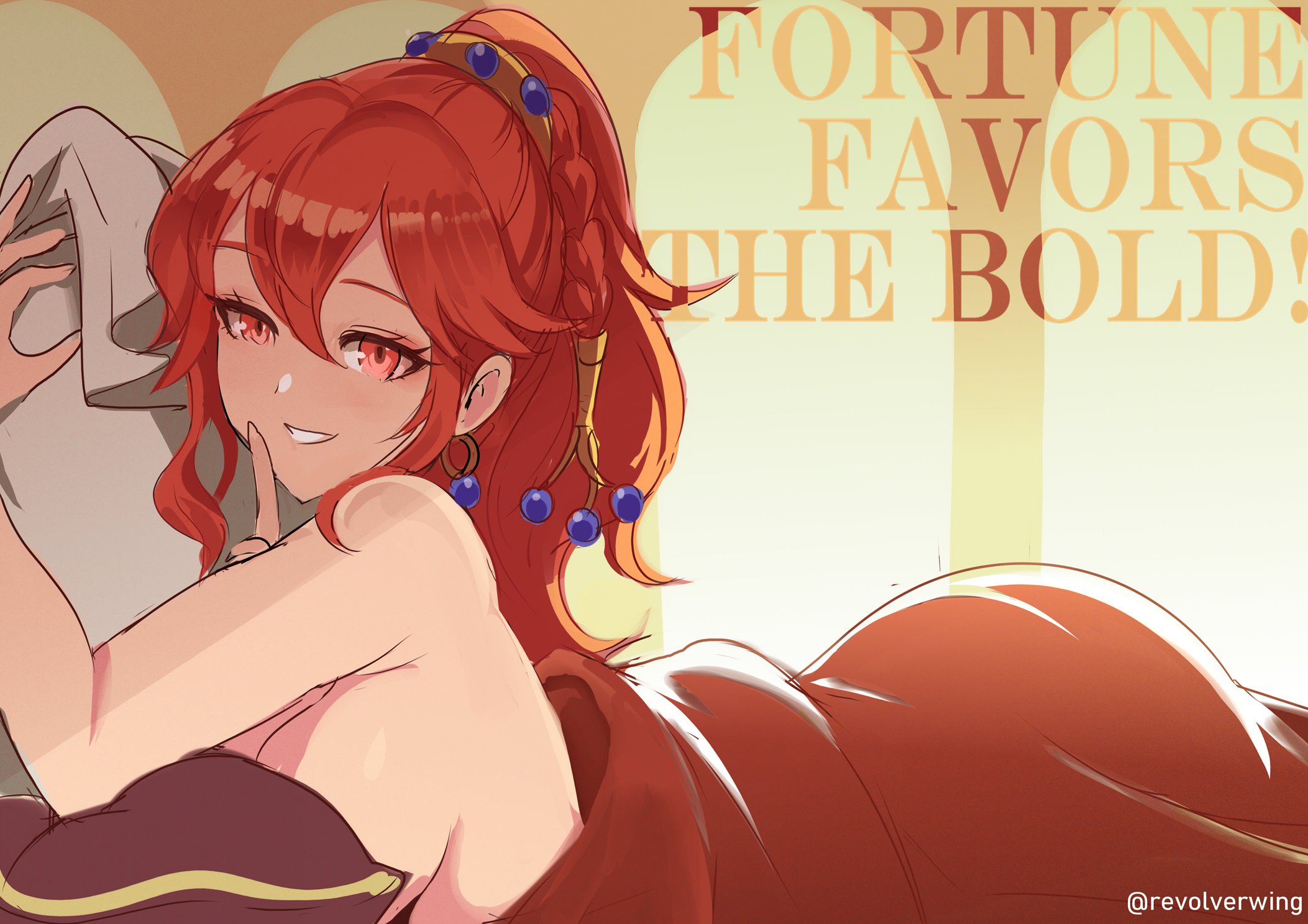 1girls, anna (fire emblem), artist name, bed sheet, braid, breasts, cleavage, convenient censoring, earrings, english text, female, female only, finger to mouth, fire emblem, fire emblem: fortune's weave, grin, hair between eyes, hand up, highres, indoors, jewelry, long hair, medium breasts, naked sheet, nintendo, nude, pillow, pillow grab, ponytail, red eyes, red hair, revolverwingstudios, smile, solo, under covers, unfinished