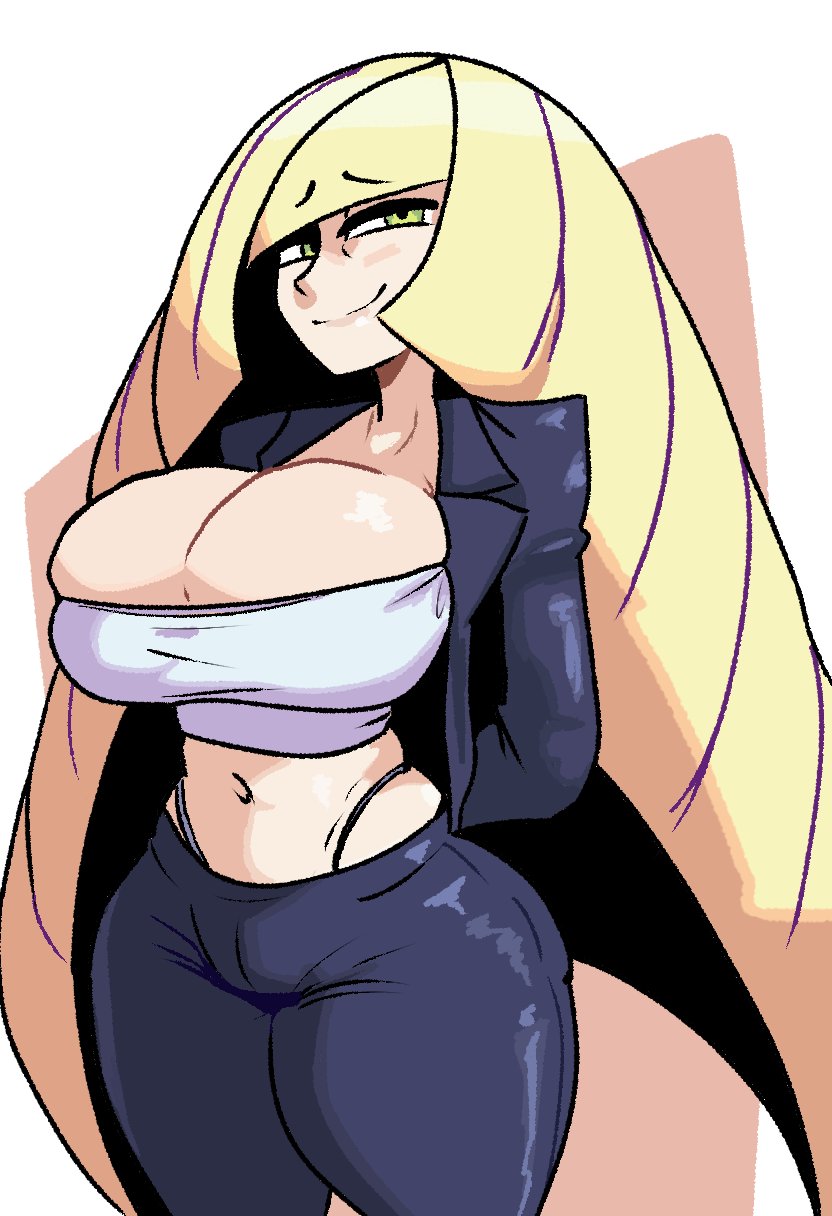 1girls, arms behind back, big breasts, black pants, black thong, blonde hair, bottomwear, breasts, cleavage, clothing, dumbwitchyy, female, female only, game freak, green eyes, hair, huge breasts, legs, long hair, lusamine (pokemon), mature, mature female, mature woman, milf, mother, pants, pokemon, pokemon sm, smile, solo, solo female, thighs, thong, topwear, tubetop