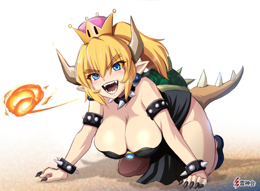 1girls all_fours blonde_hair blue_eyes blush bowsette bracelet collar crown earrings female female_focus female_only gender_transformation genderswap harukigenia horns huge_breasts jewelry large_breasts long_hair mario_(series) nail_polish new_super_mario_bros._u_deluxe nintendo ponytail sharp_fingernails sharp_teeth simple_background solo solo_female solo_focus tail