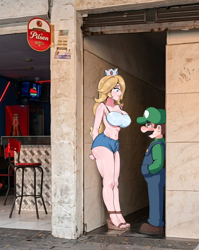 1boy, 1girls, alley, alleyway milf (meme), blonde hair, blue eyes, blue overalls, blue shorts, blush, booty shorts, breasts, brown hair, cleavage, clothing, crown, duo, ear piercing, eye contact, facial hair, female, full body, green hat, green shirt, hat, height difference, high heels, light skin, light-skinned female, light-skinned male, long hair, looking at another, luigi, male, male/female, mario (series), mature, mature female, mature male, meme, nintendo, outdoors, overalls, princess, princess rosalina, renzzo, rosalina, royalty, sexy, shirt, shoes, short hair, shorter male, shorts, smile, taller female, voluptuous, voluptuous female, wedge heels