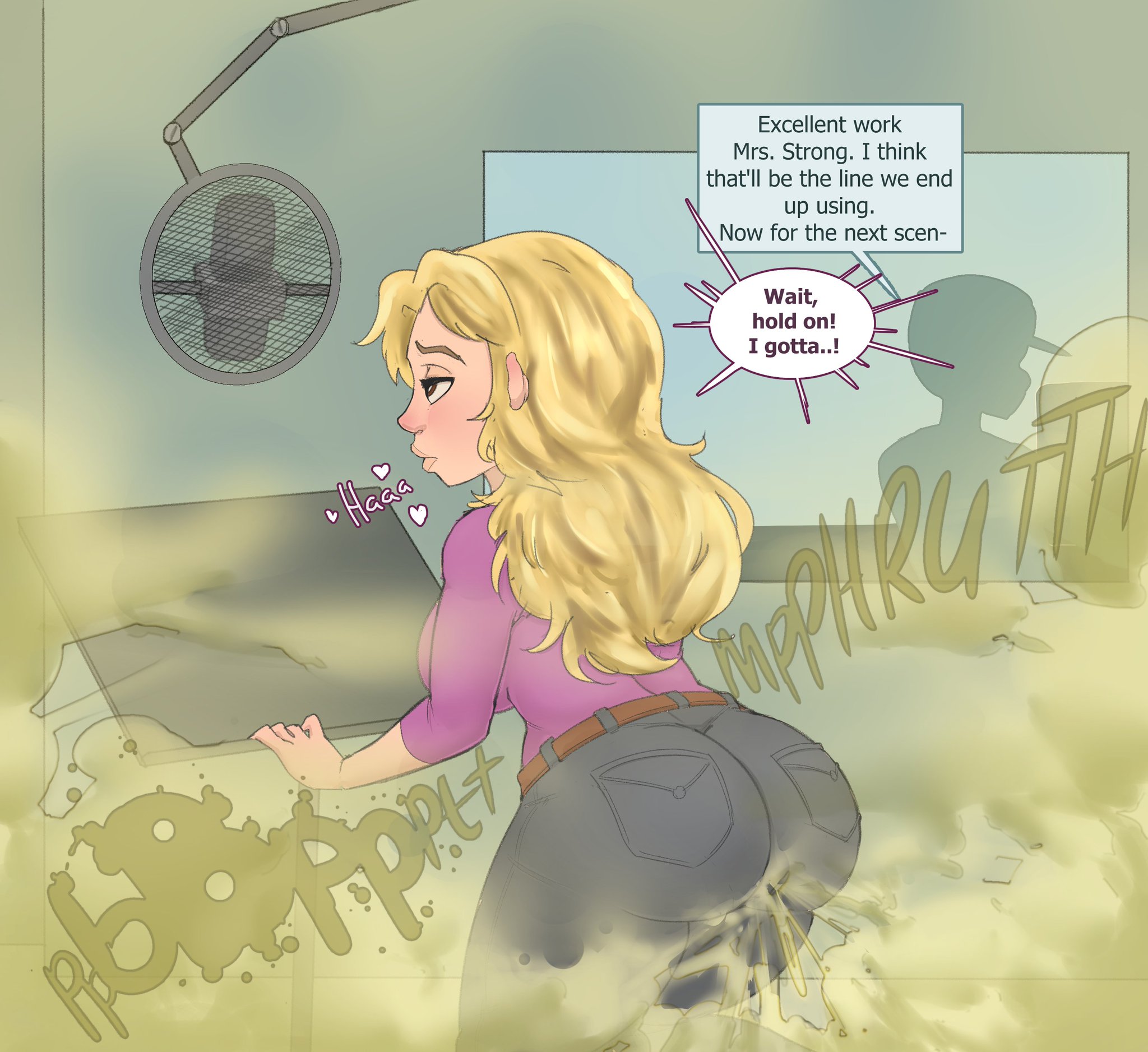 1female, 1females, 1girl, 1girls, 2020s, 2026, 2026s, 2d, 2d (artwork), 2d art, 2d artwork, back pockets, big ass, big breasts, big butt, blonde female, blonde hair, blonde-haired female, bubble ass, bubble butt, carafalsa, dialog, dialogue, digital drawing (artwork), digital media (artwork), eproctophillia, fart, fart everywhere, fart fetish, female, female focus, gassy, gassy female, gray jeans, jeans, jpeg, pink shirt, purple shirt, real person, recording booth, recording studio, round ass, round butt, studio, tara strong, text, text bubble, tight jeans, yellow fart, yellow fart cloud