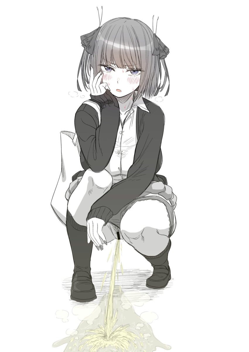 1girls, 2d, censored, girl, go-toubun no hanayome, monochrome, nakano nino, panties aside, pee, pee puddle, peeing, piss, pissing, pubic hair, solo, soxkyo, squatting, urination, urine