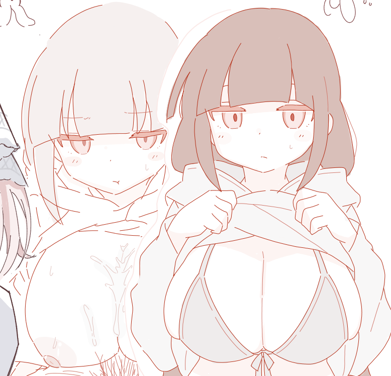 1girls, black hair, blunt bangs, cleavage, closed mouth, cum, cum on breasts, doodle, expressionless, grey bra, grey eyes, grey hoodie, hood, hood down, hoodie, hoodie lift, inabakumori, jitome, long hair, looking at viewer, mv character, osage-chan, outline, pout, sidelocks, sketch, skindentation, solo, straight-on, sweat