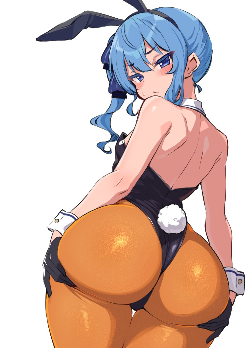 1girls, ass, ass focus, back view, backless, big ass, blue eyes, blue hair, blush, breasts, bunny ears, bunny ears headband, bunny tail, bunnygirl, bunnygirl outfit, bunnysuit, clothed female, collar, detatched collar, gloves, holding ass, hololive, hololive gen 0, hololive japan, hoshimachi suisei, large ass, leotard, looking at viewer, looking back, looking back at viewer, looking behind, pantyhose, ponytail, ribbon, sakanaya (sakanaya952), short hair, side ponytail, small breasts, spreading ass, thick thighs, thigh gap, thighs, virtual youtuber, wedgie, wide hips