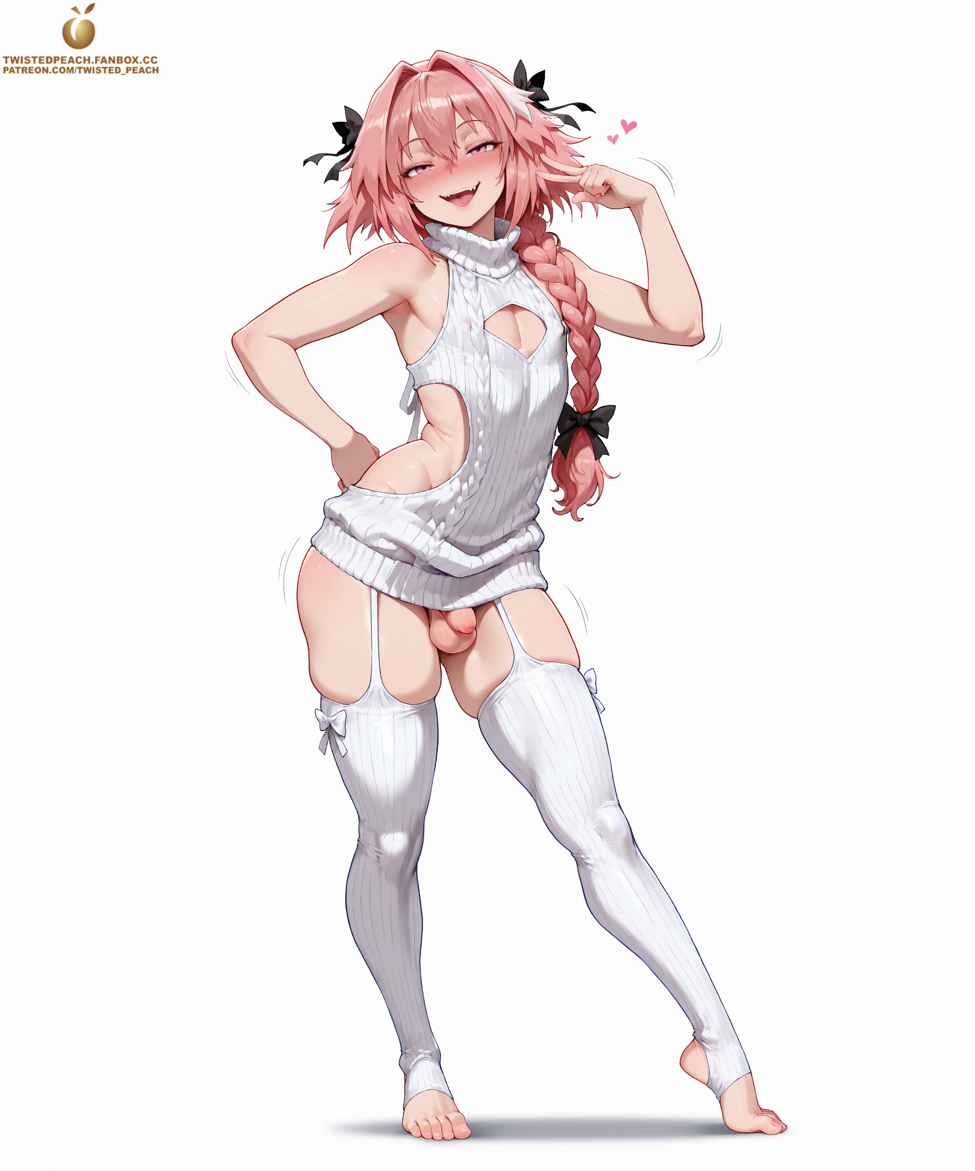 1boy, ai generated, astolfo (fate), balls, blank background, braided hair, coy, exposed penis, fate (series), femboy, femboy focus, femboy only, feminine male, flaccid penis, hair between eyes, hair ribbon, legwear, long hair, looking at viewer, male, male focus, male only, otoko no ko, otokonoko, penis, pink eyes, pink hair, pose, posing, posing for the viewer, sexy, sexy pose, small penis, smug, solo, solo femboy, solo focus, solo male, stirrup legwear, stirrup stockings, sweater, tagme, teasing, teasing viewer, tiny penis, twistedpeach, two-tone hair, virgin destroyer sweater, virgin killer sweater, white background, white hair