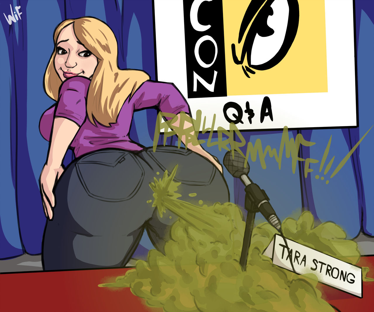 1girl, 1girls, 2d, 2d (artwork), 2d art, 2d artwork, back pockets, big ass, big butt, comic con, deleted source, digital drawing (artwork), digital media (artwork), eproctophillia, fart, fart cloud, fart fetish, fart focus, farting, gray jeans, green fart, green fart cloud, green gas, green gas cloud, jeans, jpg, microphone, purple shirt, real person, realistic proportions, smug, smug expression, smug face, smug smile, tara strong, weirdisfun