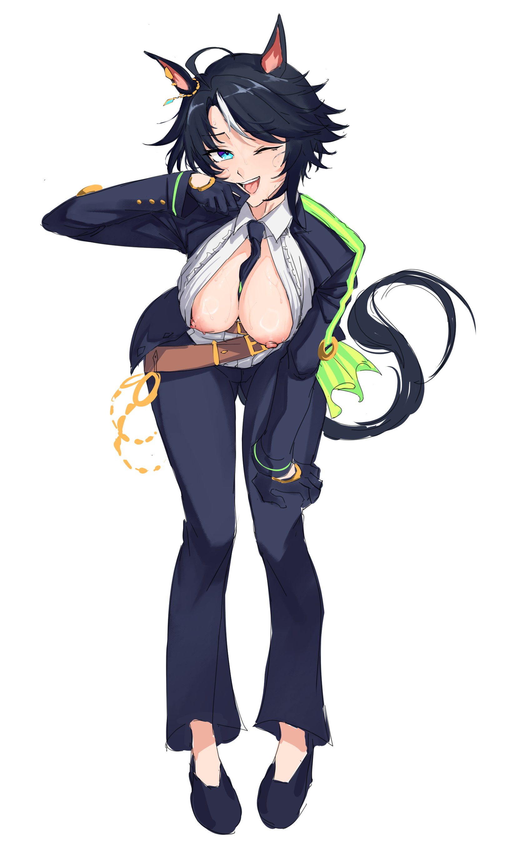 1girls, accidental exposure, animal ears, areolae, bent over, big breasts, black hair, blouse, blue eyes, boob window, breasts, breasts out, cute, ear accessory, excited, exposed breasts, female, female only, fuji kiseki (shooting star revue) (umamusume), fuji kiseki (umamusume), full body, gloves, hand on knee, hand to mouth, hanging breasts, happy, highres, horse ears, horse girl, horse tail, jacket, kemonomimi, knees together, leaning forward, light skin, light-skinned female, long pants, mature, mature female, nipples, no panties, one eye closed, open mouth, open smile, pants, shirt, short hair, smile, smugigante, solo, standing, sweat, sweatdrop, sweaty, sweaty breasts, sweaty female, tail, tie, umamusume, umamusume pretty derby, unbuttoned, unbuttoned shirt, white background, white shirt, wink, winking, winking at viewer