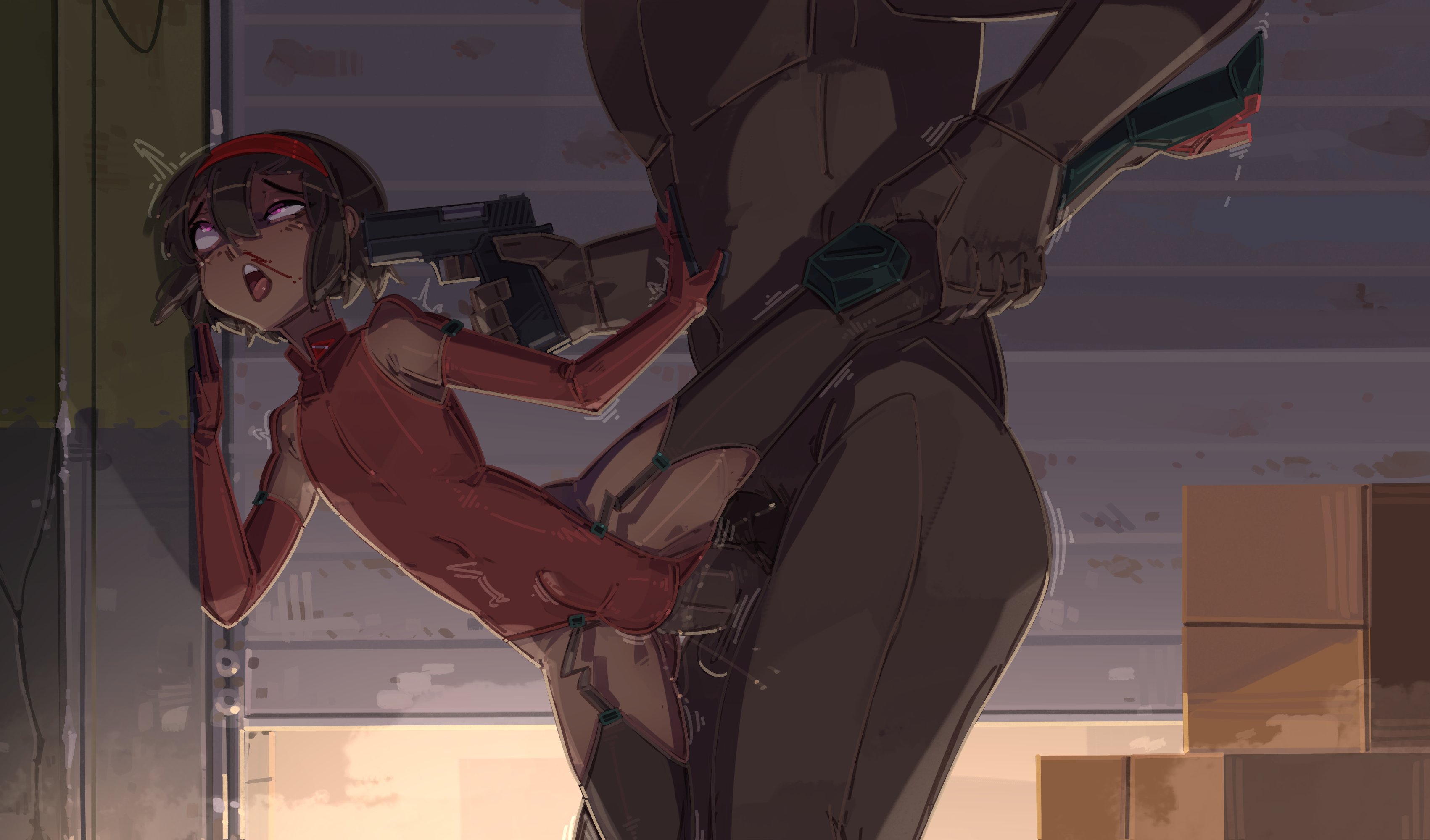 2026, 2boys, absurd res, against wall, ahe gao, anal, anal sex, androgynous, arm gloves, arm sleeves, bare shoulders, blood, blood drip, blood on face, bloody nose, boots, brown hair, bulge, bulge through clothing, commission, dark skin, dark-skinned male, femboy, garage, garter straps, gay, gun, gun to head, headband, heels, leg grab, leotard, male, male penetrated, one leg up, original, penis, petite, pink eyes, rape, short hair, shuuko, size difference, standing, thick penis, thighhighs, trembling, yaoi, young