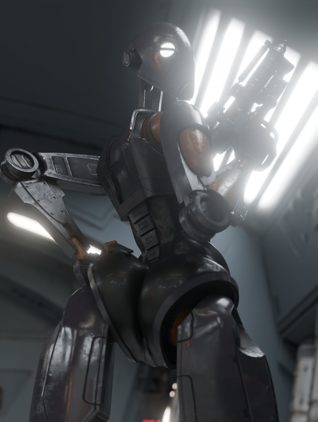1girls, 2026, 3d, 3d (artwork), 3d render, ass, battle droid, blaster (star wars), commando droid, droid (star wars), female, female only, looking back, red eyes, robot, robot girl, robot joints, solo, solo female, soundpunk501, star wars, thick thighs