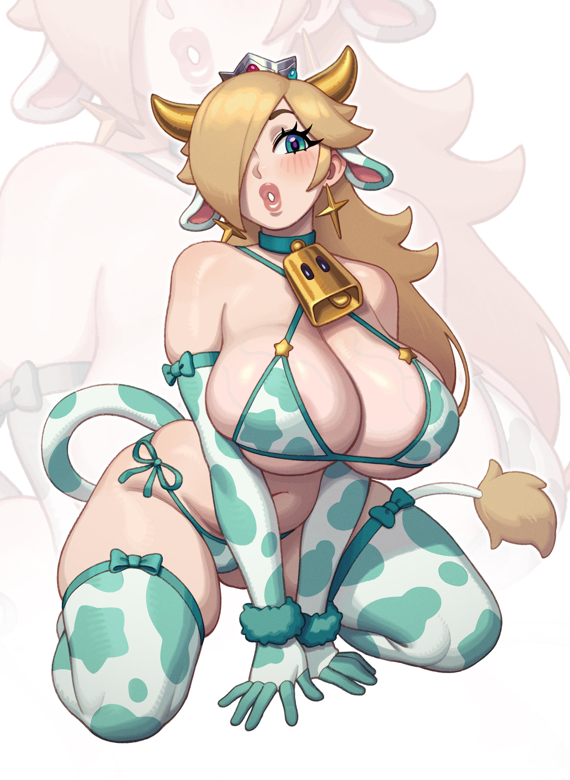 1girls, 2d, bell collar, big ass, big breasts, big butt, big thighs, bikini, blonde hair, breasts, cow ears, cow horns, cow print, cow print bikini, cow tail, fake animal ears, female, female only, hair over one eye, hi res, light skin, light-skinned female, mario (series), nintendo, princess rosalina, rizdraws, solo, solo female, super mario galaxy, thighhighs, thighs, veiny breasts, very high resolution