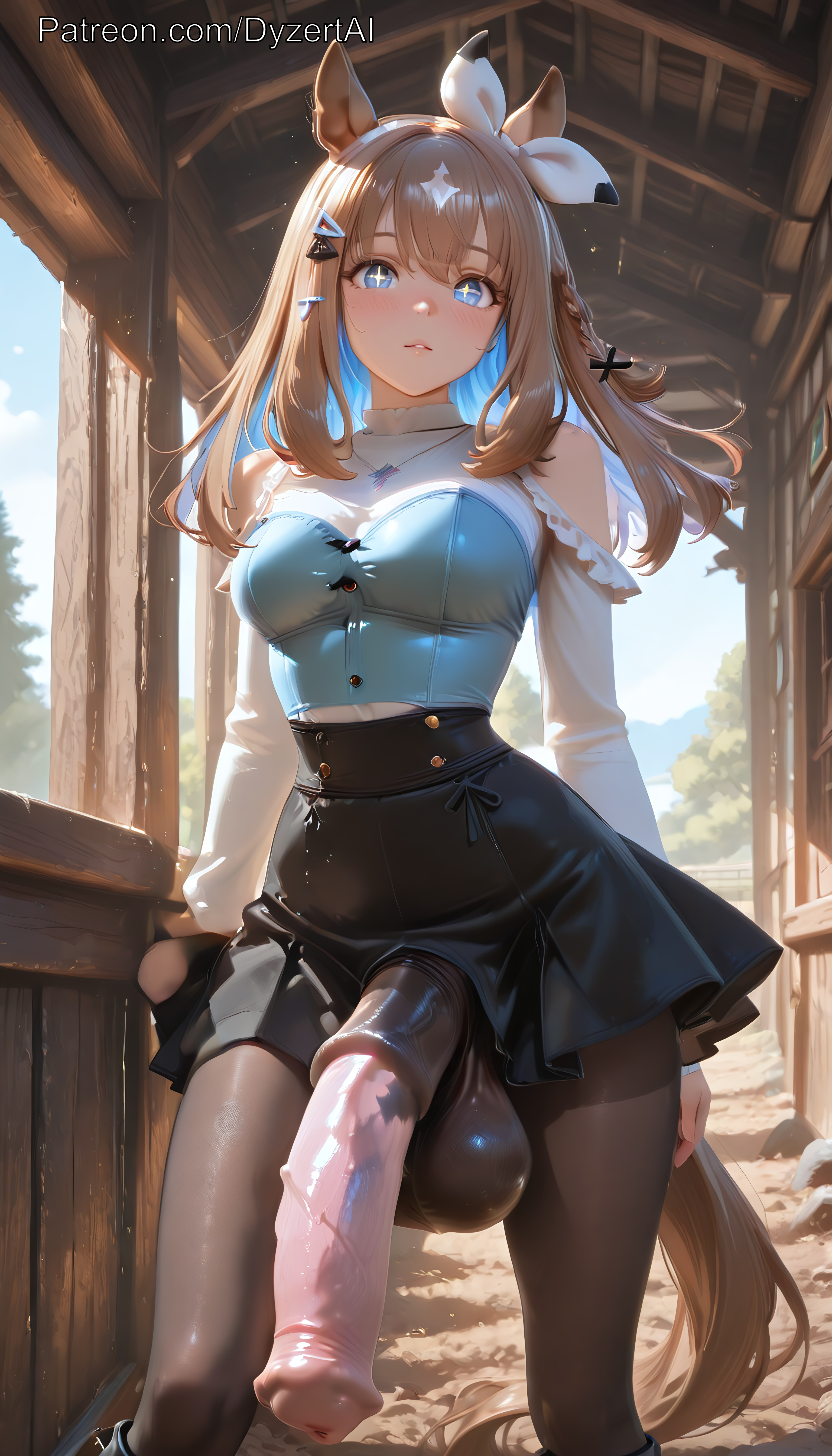 1futa, 2026, ai generated, almond eye (umamusume), animal ears, animal genitalia, animal penis, animal tail, balls, barn, blue eyes, breasts, brown hair, cock, cute clothing, day, dyzertai, futanari, hair ornament, horse ears, horse girl, horse penis, horse tail, horsecock, horsecock futa, horsecock on humanoid, huge balls, huge cock, huge penis, huge testicles, long hair, looking at viewer, medium breasts, penis, self upload, skirt, solo, stockings, testicles, umamusume