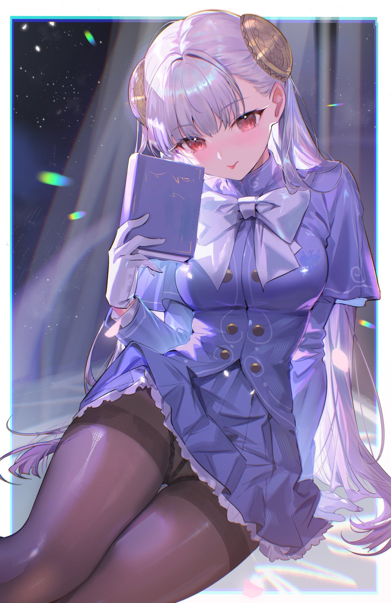 1girls, book, border, brown panties, brown underwear, capcom, capcom fighting jam, clothing, female, female only, fully clothed, hi res, ingrid (capcom), long hair, looking at viewer, panties, panties under pantyhose, pantyhose, pantyshot, pantyshot (sitting), red eyes, sfw, shanguier, sitting, street fighter, street fighter 6, underwear, upskirt, white hair