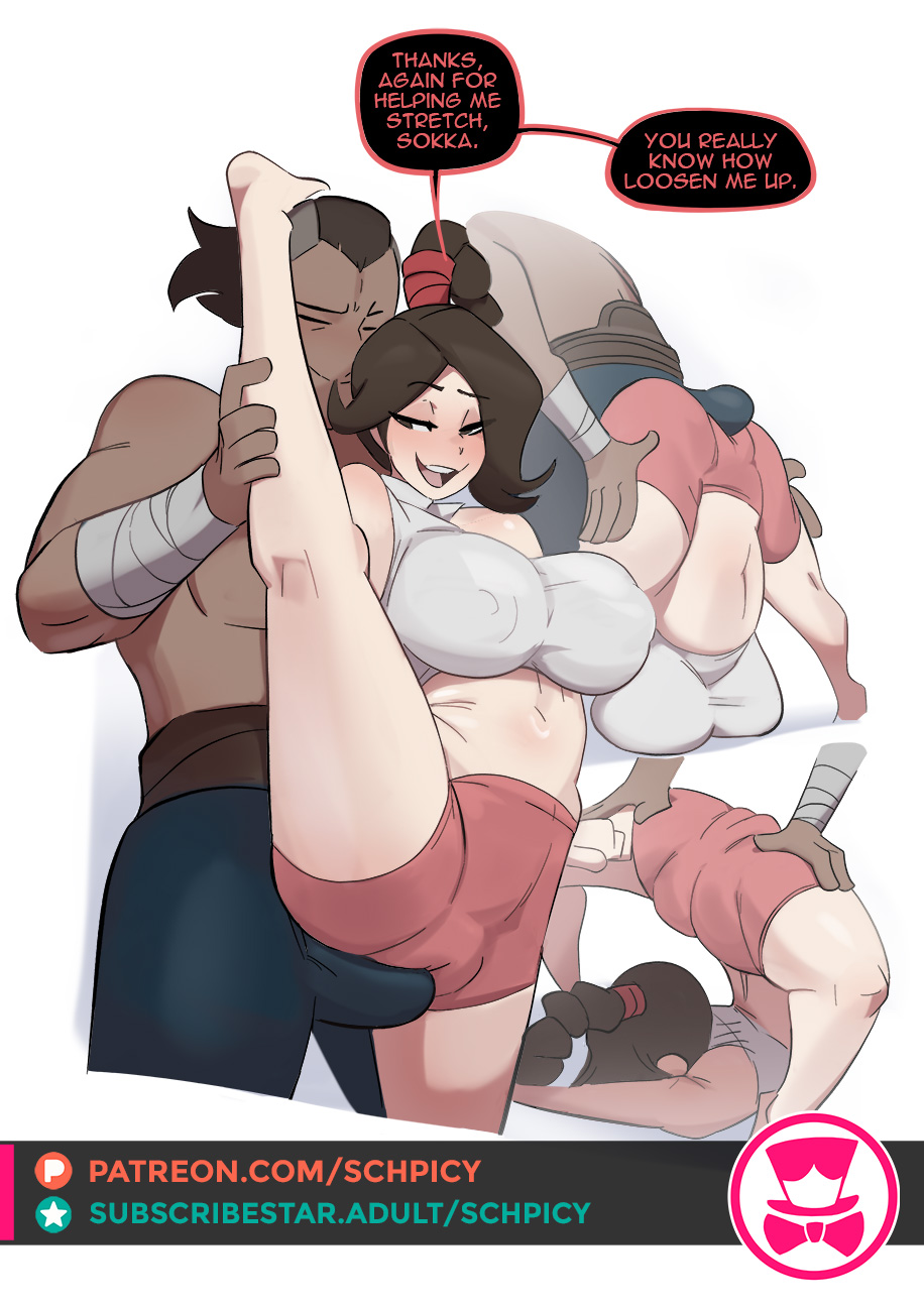 1boy, 1girl, 1girls, arched back, assisted stretching, athletic female, avatar the last airbender, back bend, barefoot, bedroom eyes, big breasts, breasts, bulge, cameltoe, contortion, contortionist, dialogue, dry humping, english text, erection, erection under clothes, flexible, foot on head, horny female, horny male, imminent sex, just fuck already, naughty face, nipple bulge, nipples, nipples visible through clothing, prodding, pussy outline, schpicy, sokka, speech bubble, spread legs, standing split, stretching, tagme, tank top, teasing, tummy, ty lee, upside down