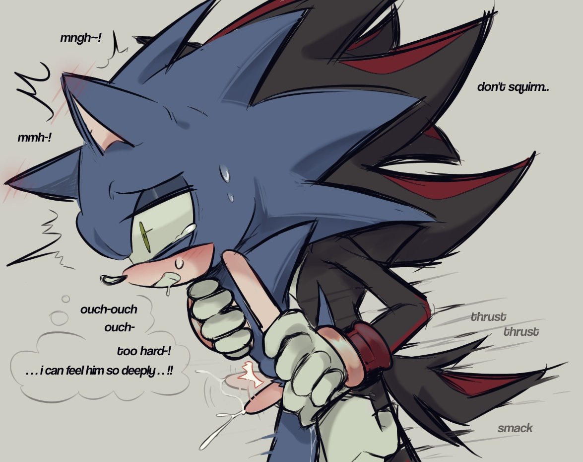 2boys, anal penetration, anal sex, black fur, blue fur, blush, blushing, crying with eyes open, ear blush, from behind, gay, gay male, grabbing from behind, green eyes, grey background, motion lines, painal, painful, shadow the hedgehog, sonic (series), sonic the hedgehog, sonic the hedgehog (series), stomach bulge, stomach deformation, sweat, tail size difference, thought bubble, thrusting into ass, xhnzzy, yaoi