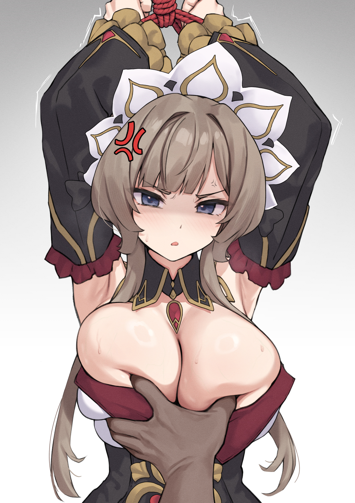 1girls, angry, bondage, breast grab, breasts, cleavage, female, female focus, genshin impact, groping, groping breasts, kangbus, large breasts, light skin, light-skinned female, looking at viewer, restrained, sandrone (genshin impact), simple background