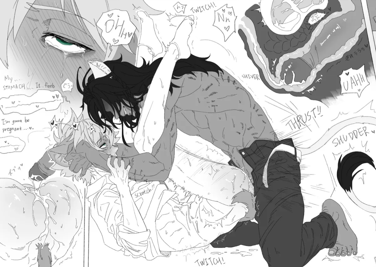 2boys, anal penetration, anal sex, beastman, comic, cum in ass, cum inside, cum on stomach, gay, holding head, hyena ears, hyena tail, legs up, leona kingscholar, lion ears, lion tail, male, male/male, partially clothed, penis, rough sex, ruggie bucchi, scratches, socks, speech bubble, tearing up, twisted wonderland, twitching, x-ray, yaoi