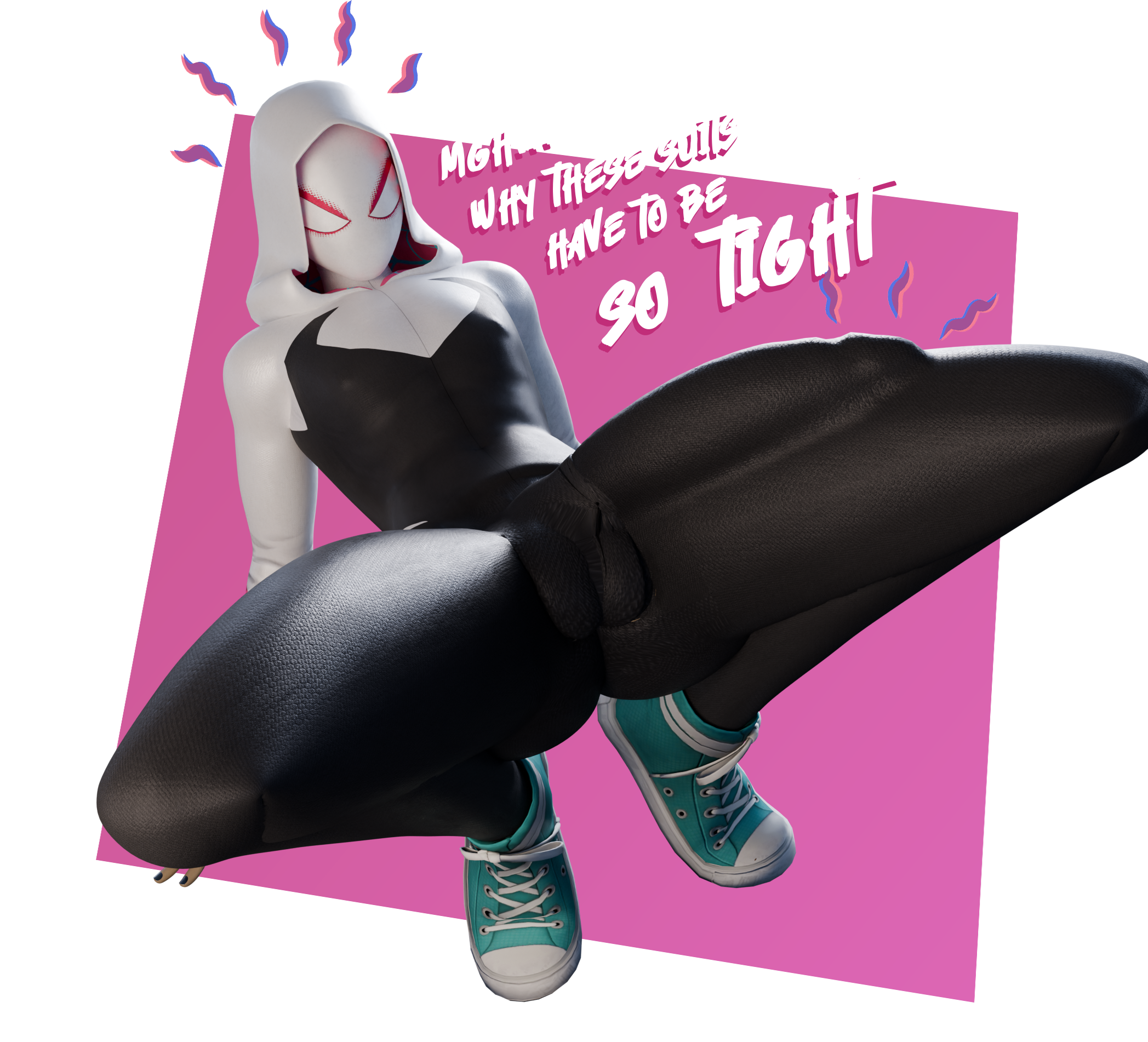 3d, 3d (artwork), annoyed, big penis, bodysuit, bulge, bulge down leg, bulge through clothing, erection under clothes, huge cock, marvel, mask, masked, rule 63, small d0rk, spider gwen, spider-gwen, text, transparent background