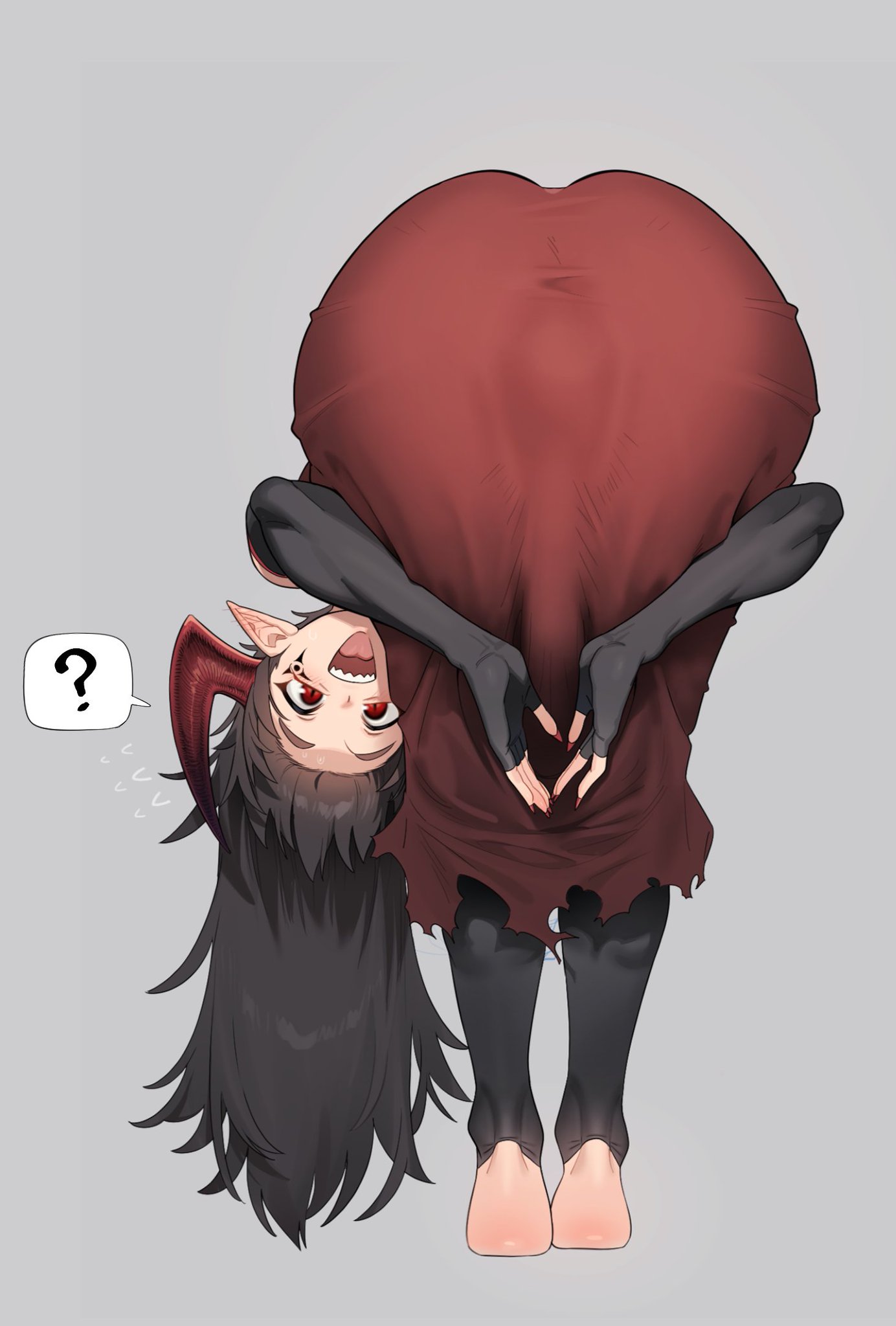 1girls, 2d, 2d (artwork), anus, anus visible through clothes, barefoot, big penis, black hair, bulge, bulge through clothing, clothed, digital drawing (artwork), digital media (artwork), feet, futa only, futanari, horns, in ya1111, light skin, light-skinned futa, long hair, nail polish, pointy ears, praise da booty (meme), red nails, sharp nails, sharp teeth, smile, smiling, smiling at viewer, solo, solo focus, speech bubble, thick ass, thick thighs