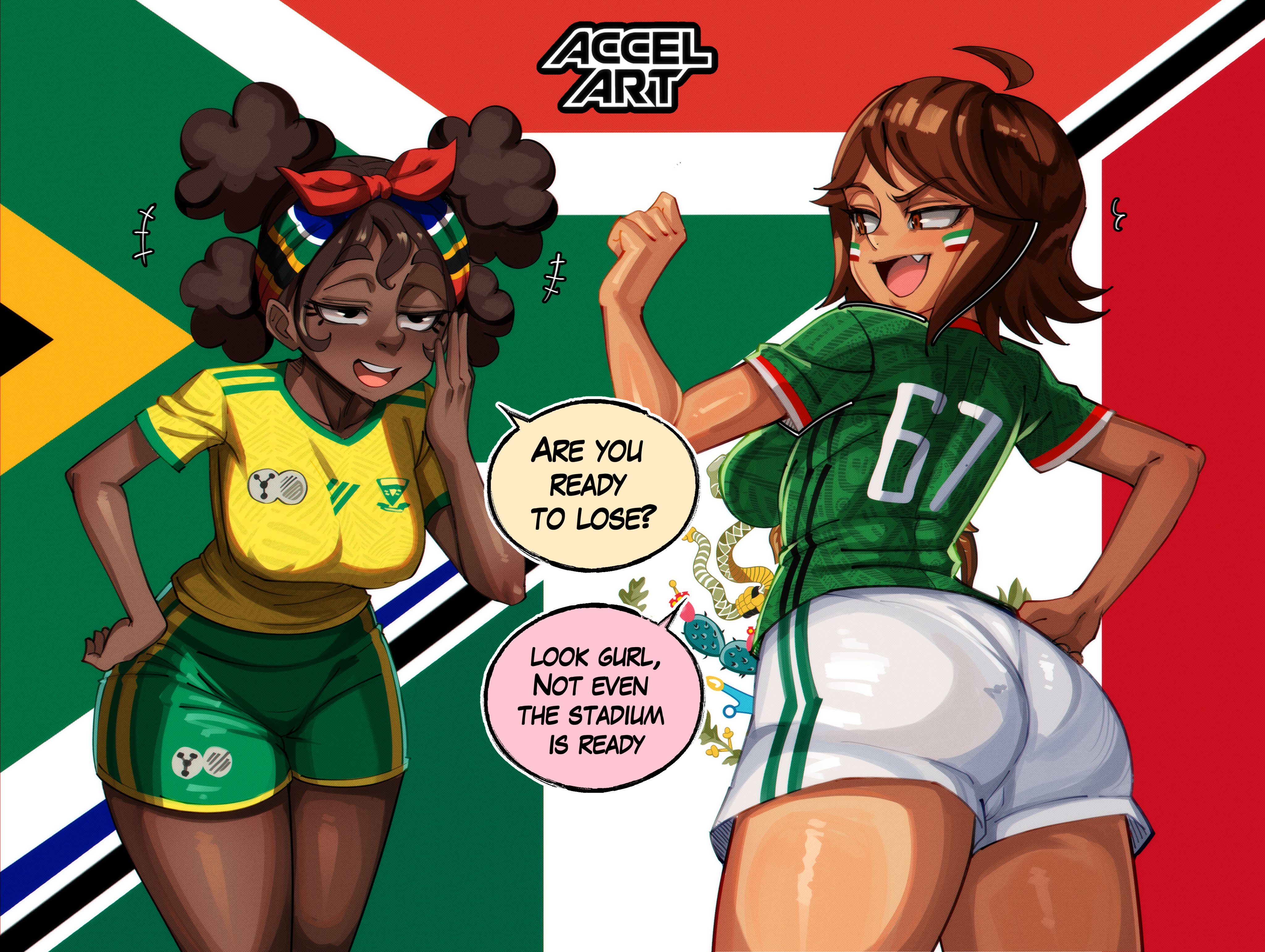 2girls, accelart, dark-skinned female, english text, flag, football uniform, hourglass figure, huge ass, huge breasts, mexico, mexico-chan (accelart), national personification, nipple bulge, original character, rivals, see-through clothing, south africa-chan (accelart), world cup