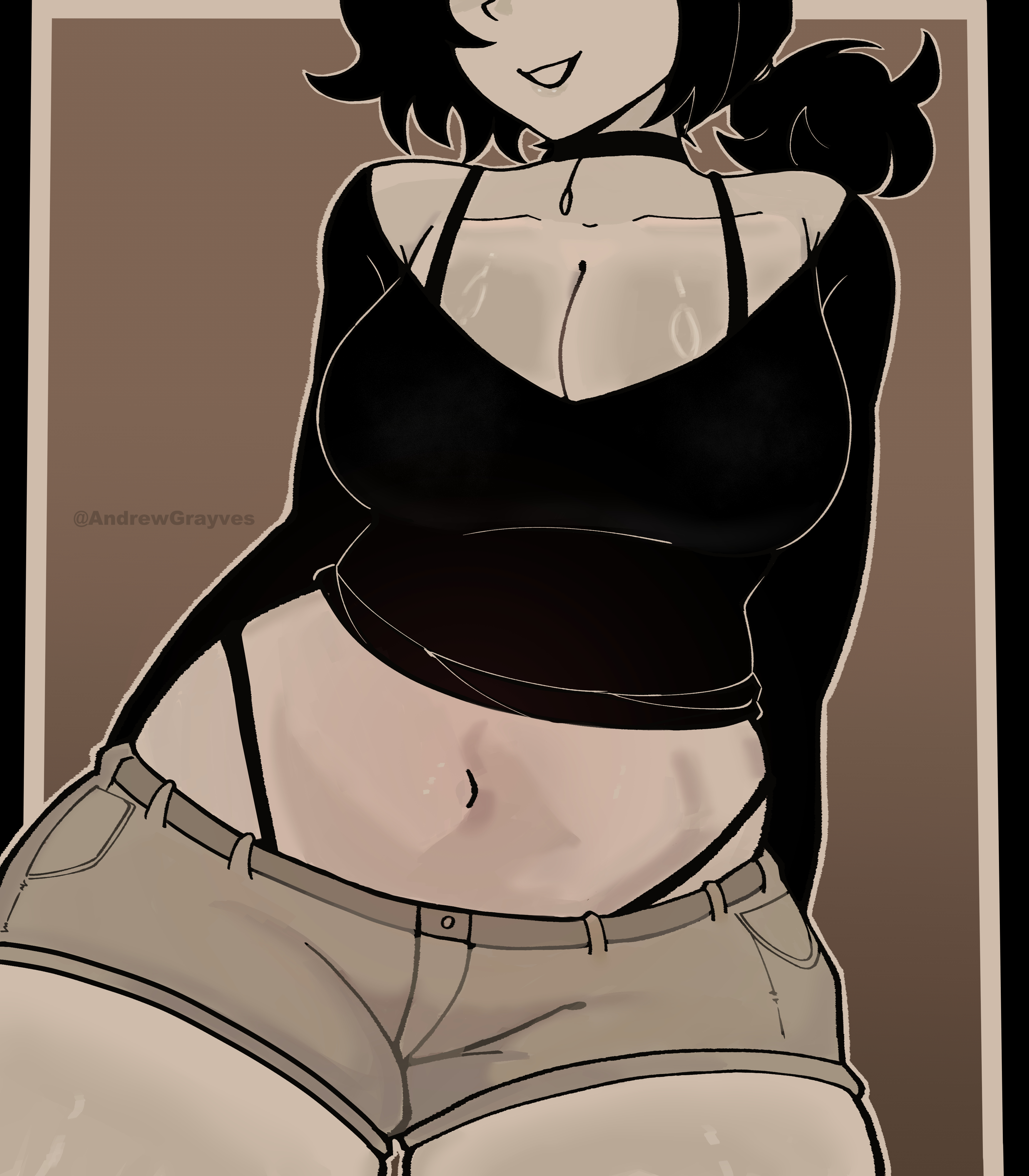 1girls, 2d, andrewgrayves, ashley graves, belly, big breasts, black hair, breasts, choker, cleavage, clothed, female, female only, panties, ponytail, smile, solo, solo female, stomach, the coffin of andy and leyley, thick, wide hips
