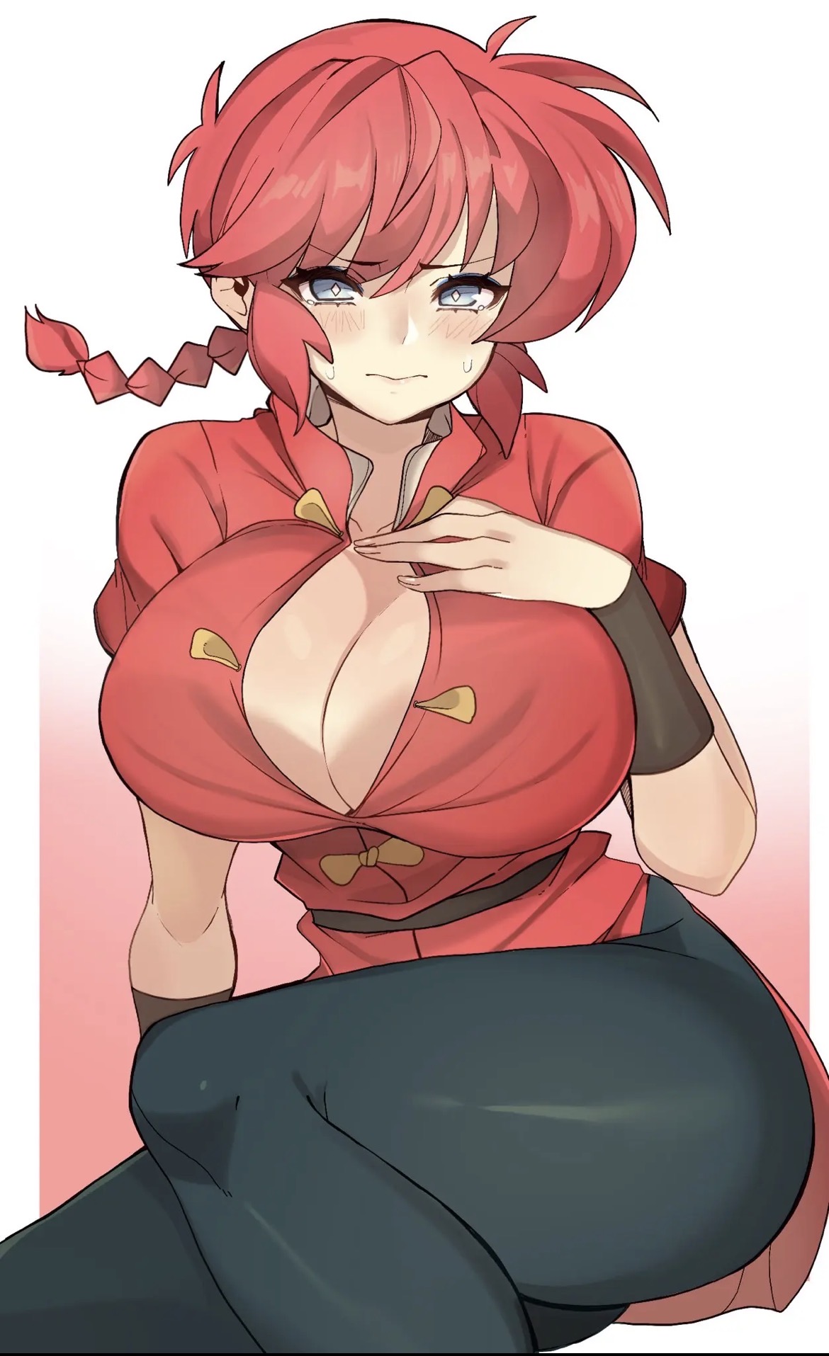 anime, armwear, big breasts, blush, breasts, earrings, expression, grey eyes, hands on breasts, huge breasts, jacket open, long pants, looking at viewer, massive breasts, no sex, pants, ponytail, ranko, ranma 1/2, ranma saotome, ranma-chan, red clothing, redhead, redhead female, sexy, short hair, sitting, sweat, sweatdrop, thick thighs, vest, vest open, waist, wide hips