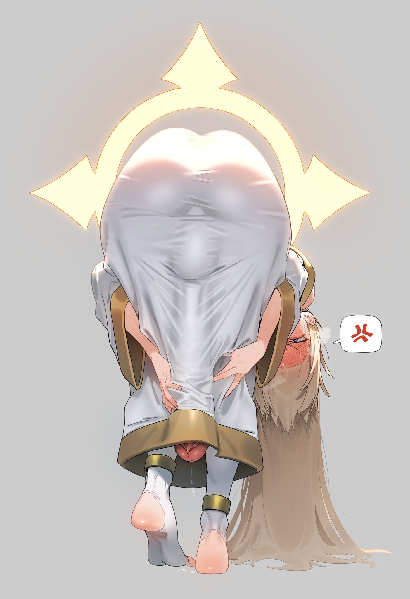 1girls, 2d, 2d (artwork), big penis, bodily fluids, bulge, bulge through clothing, digital drawing (artwork), digital media (artwork), feet, futa only, futanari, in ya1111, large penis, legwear, long hair, penis tip, praise da booty (meme), precum, precum drip, precum on penis, precum string, presenting hindquarters, simple background, speech bubble, stirrup legwear, thick ass, thick thighs, toes, too big for clothing